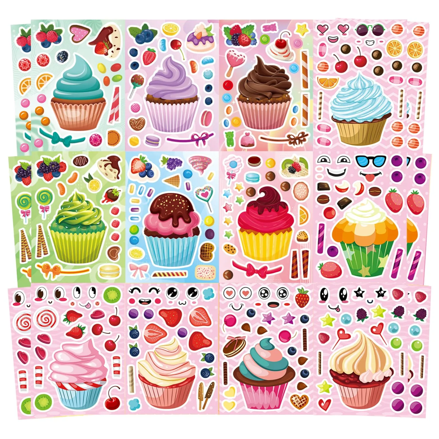 24 Sheets Make Your Own Cupcake Stickers for Kids - Make-a-Face Sticker, Dessert Stickers Mix and Match Sweets Fruit & Teacher Reward Supplies, Birthday Gifts