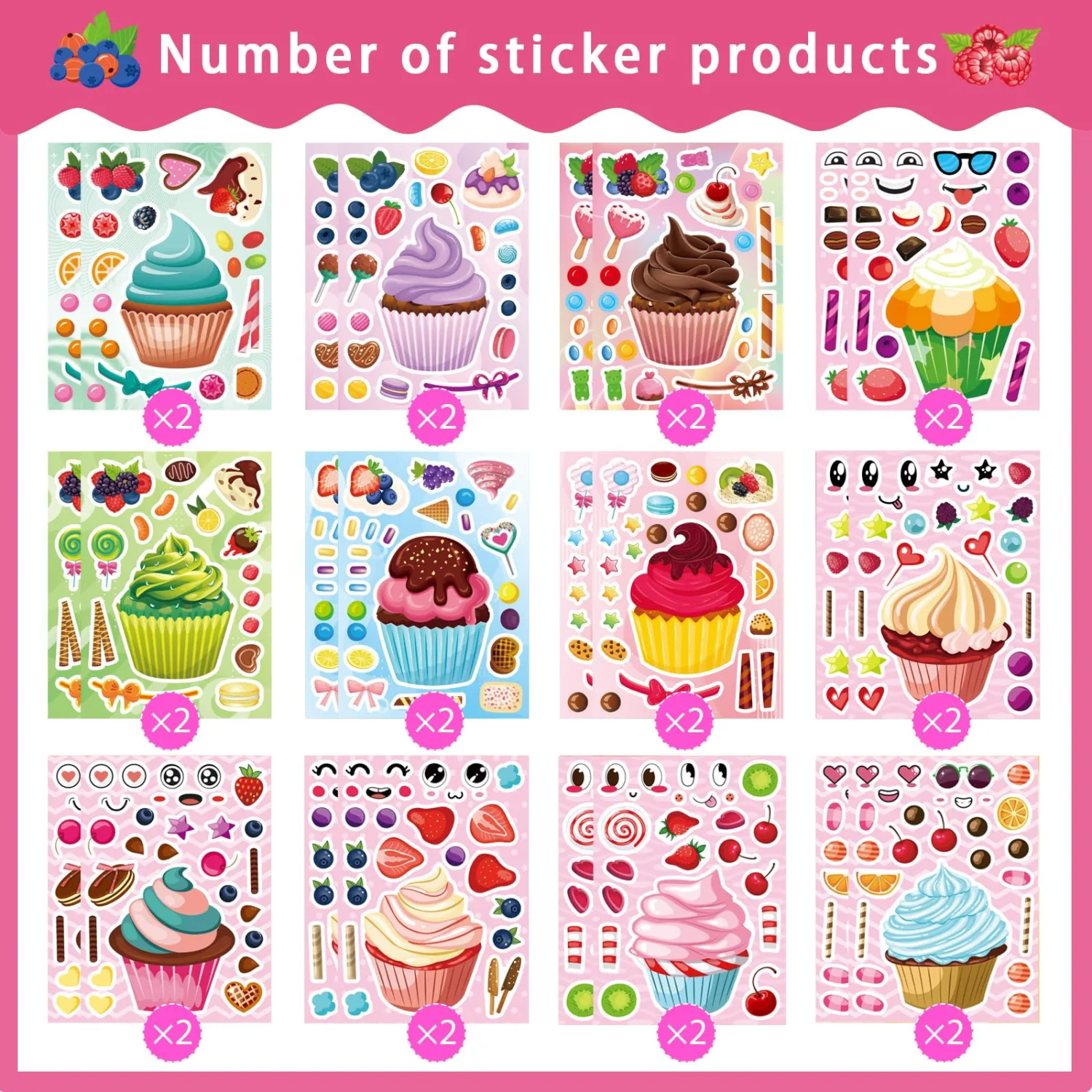 24 Sheets Make Your Own Cupcake Stickers for Kids - Make-a-Face Sticker, Dessert Stickers Mix and Match Sweets Fruit & Teacher Reward Supplies, Birthday Gifts