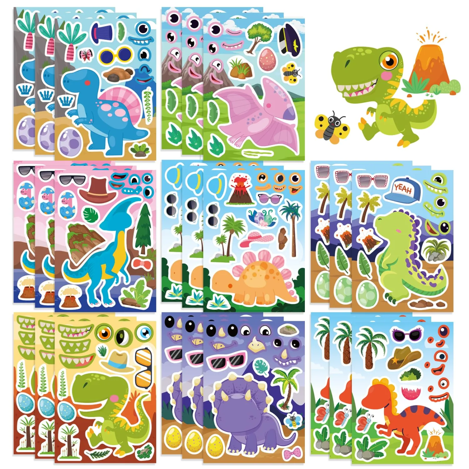 24 Sheets Dinosaur Sticker for Kids, Make Your Own Dinosaur Sticker Sheets Boy Girl Toddlers, Party Favors Supplies Art Craft, Birthday Gift, Teacher Classroom Reward