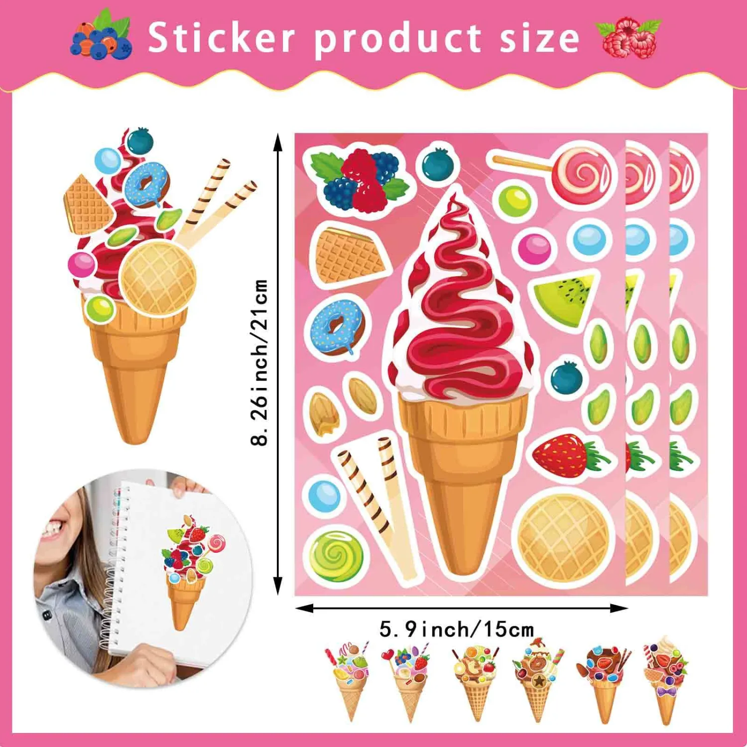 24 Sheets Ice Cream Stickers for Kids, Make Your Own Dessert Stickers, DIY Summer Ice Cream Sticker for Hawaii Tropical Party Decoration, Summer Art Craft Teacher Reward
