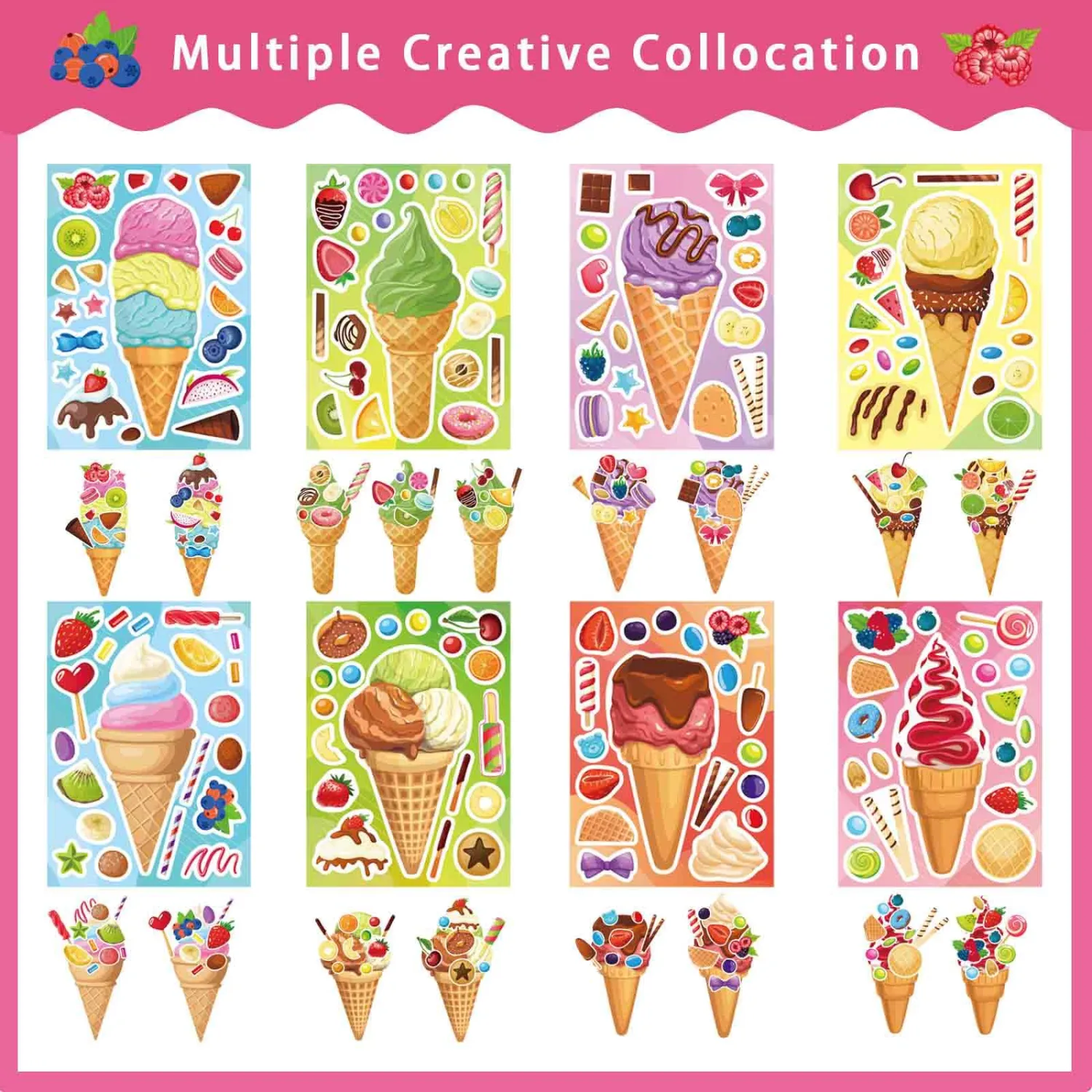 24 Sheets Ice Cream Stickers for Kids, Make Your Own Dessert Stickers, DIY Summer Ice Cream Sticker for Hawaii Tropical Party Decoration, Summer Art Craft Teacher Reward