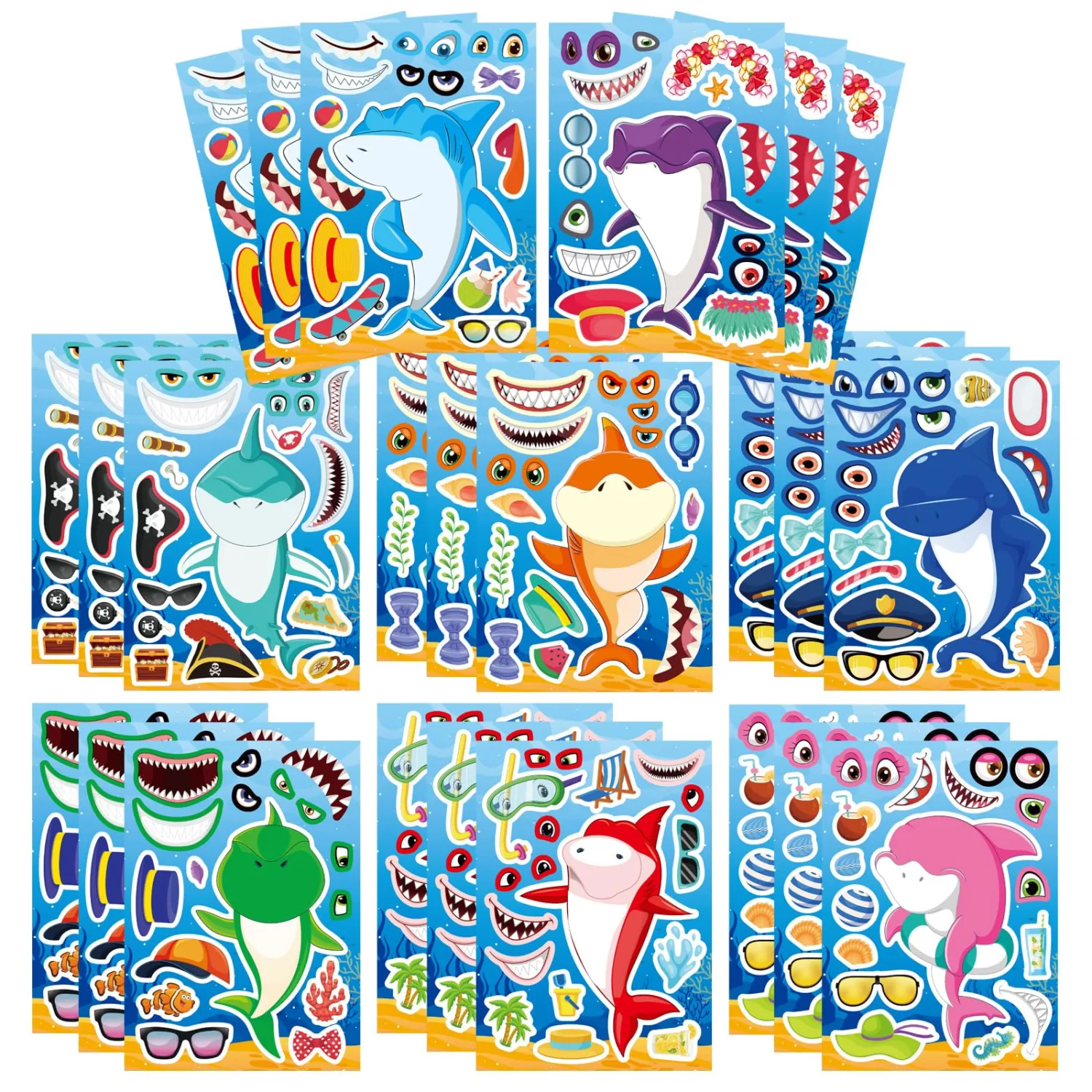 24 Sheets Make a Shark Face Stickers, Make Your Own Shark Stickers for Kids, Sea Ocean Animals Birthday Party Favors Activities, Summer Craft Classroom Teacher Reward