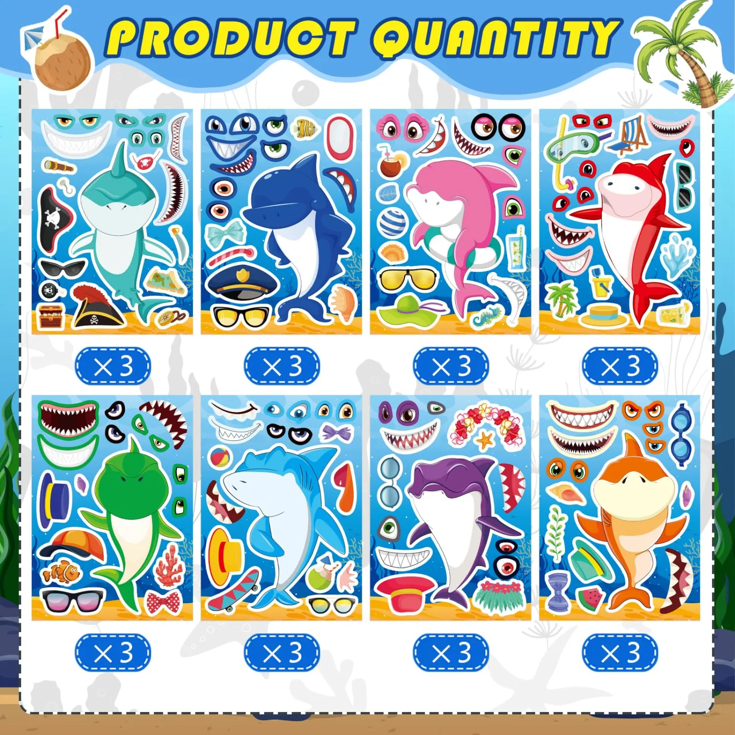 24 Sheets Make a Shark Face Stickers, Make Your Own Shark Stickers for Kids, Sea Ocean Animals Birthday Party Favors Activities, Summer Craft Classroom Teacher Reward