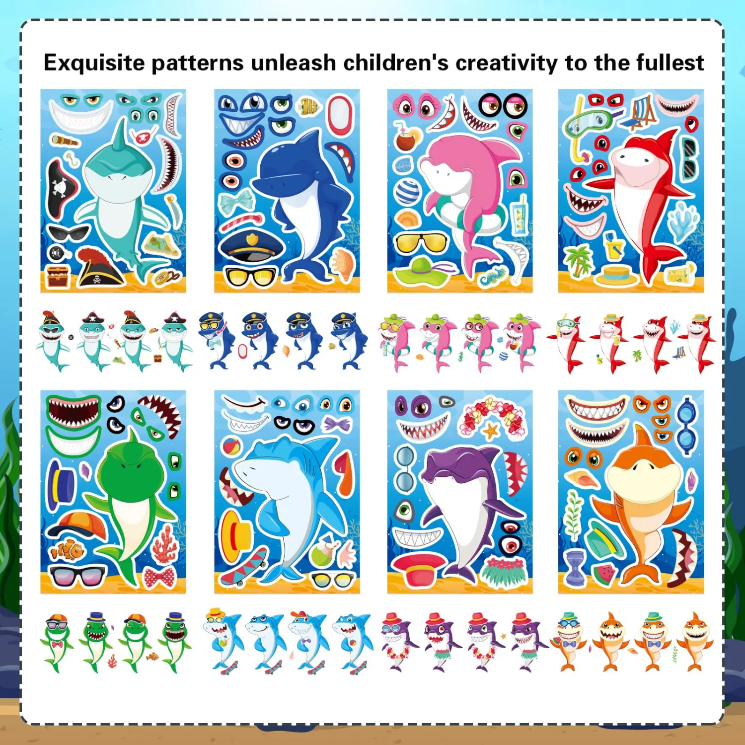 24 Sheets Make a Shark Face Stickers, Make Your Own Shark Stickers for Kids, Sea Ocean Animals Birthday Party Favors Activities, Summer Craft Classroom Teacher Reward