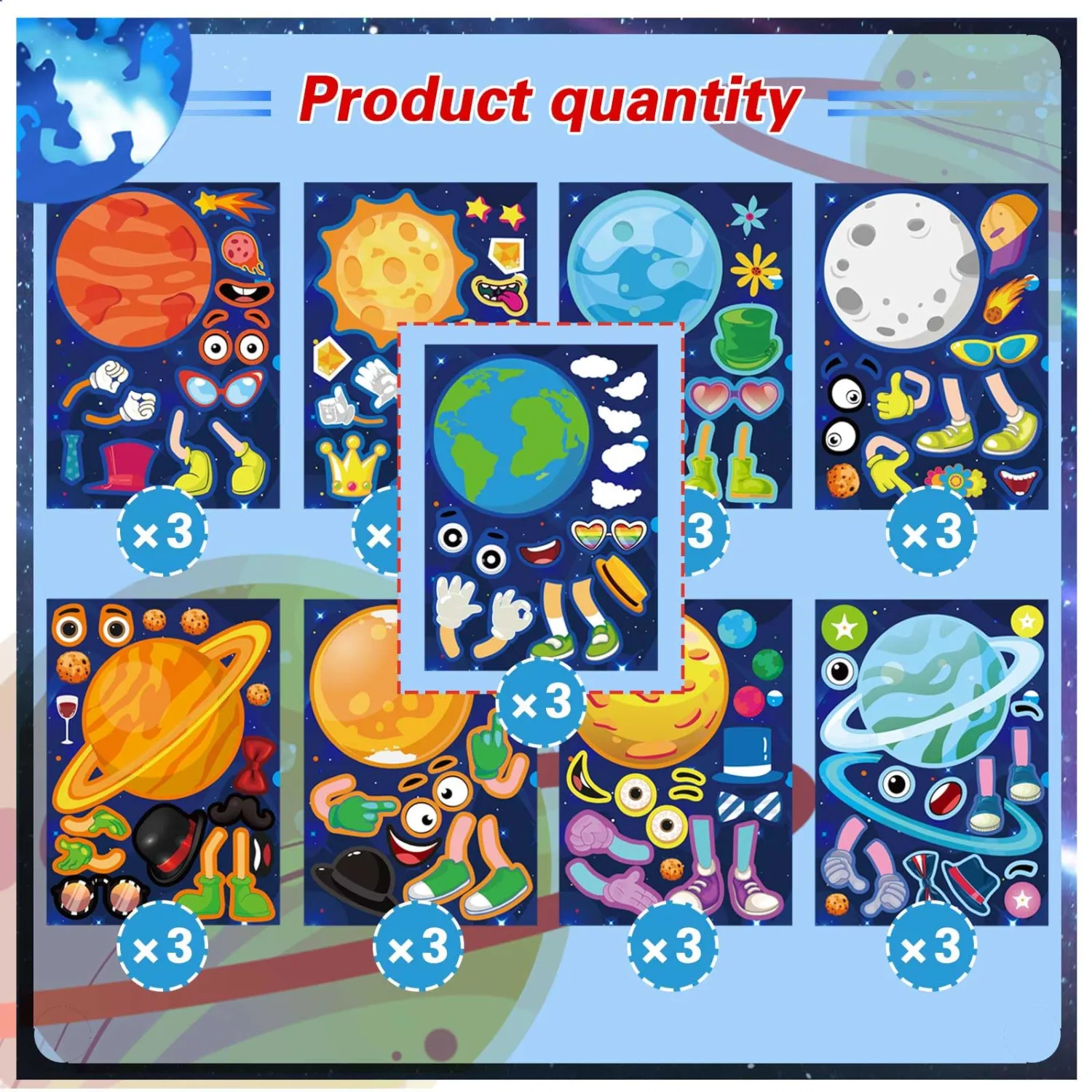 27 Sheets Outer Space Sticker for Kids, Make Your Own 9 Planets Solar System Stickers, Make-a-face Sticker, Birthday Party Favor, Classroom Teacher Reward