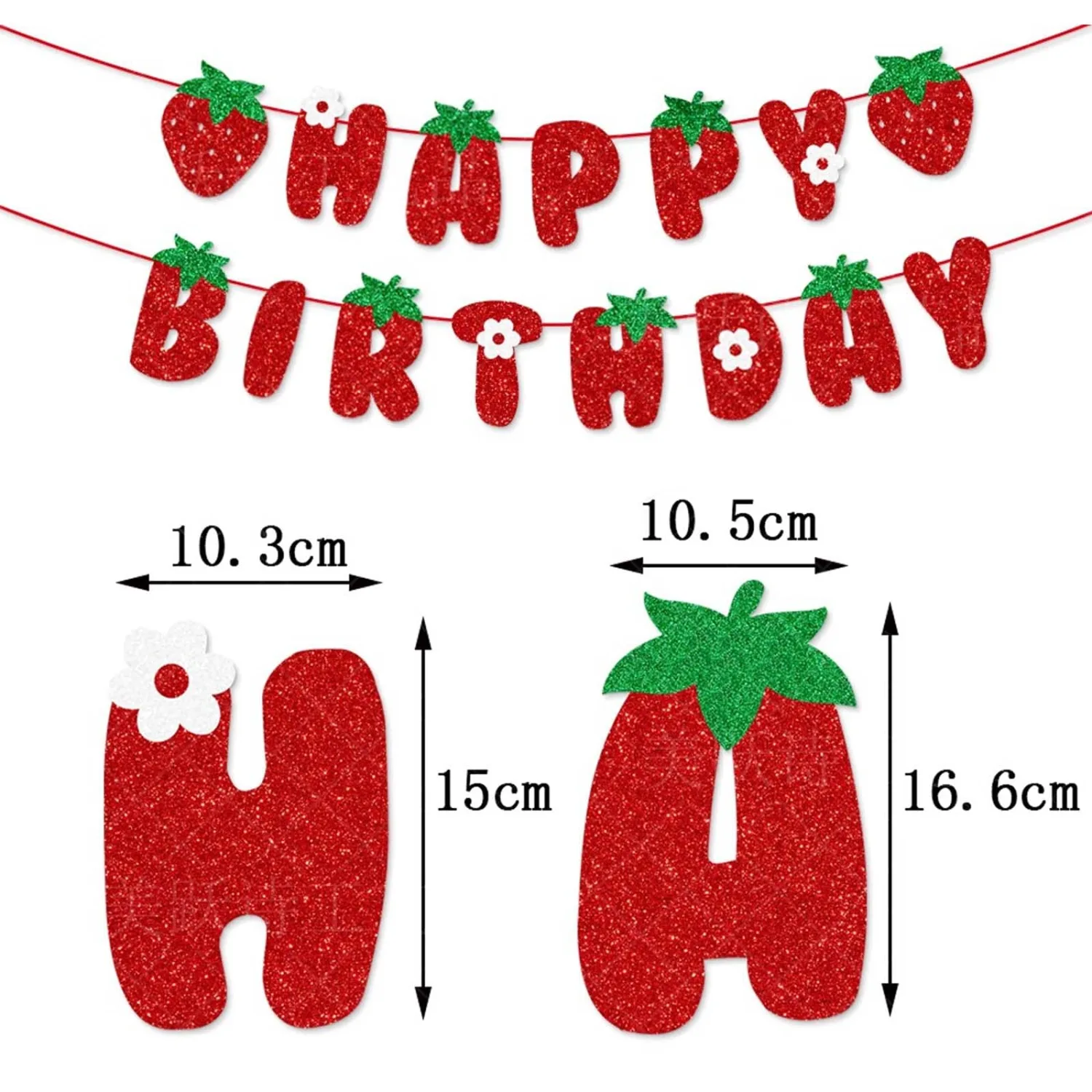 Strawberry Happy Birthday Banner, Glitter Strawberry Banner, Strawberry Theme Birthday Garland for Birthday Party Hanging Decorations