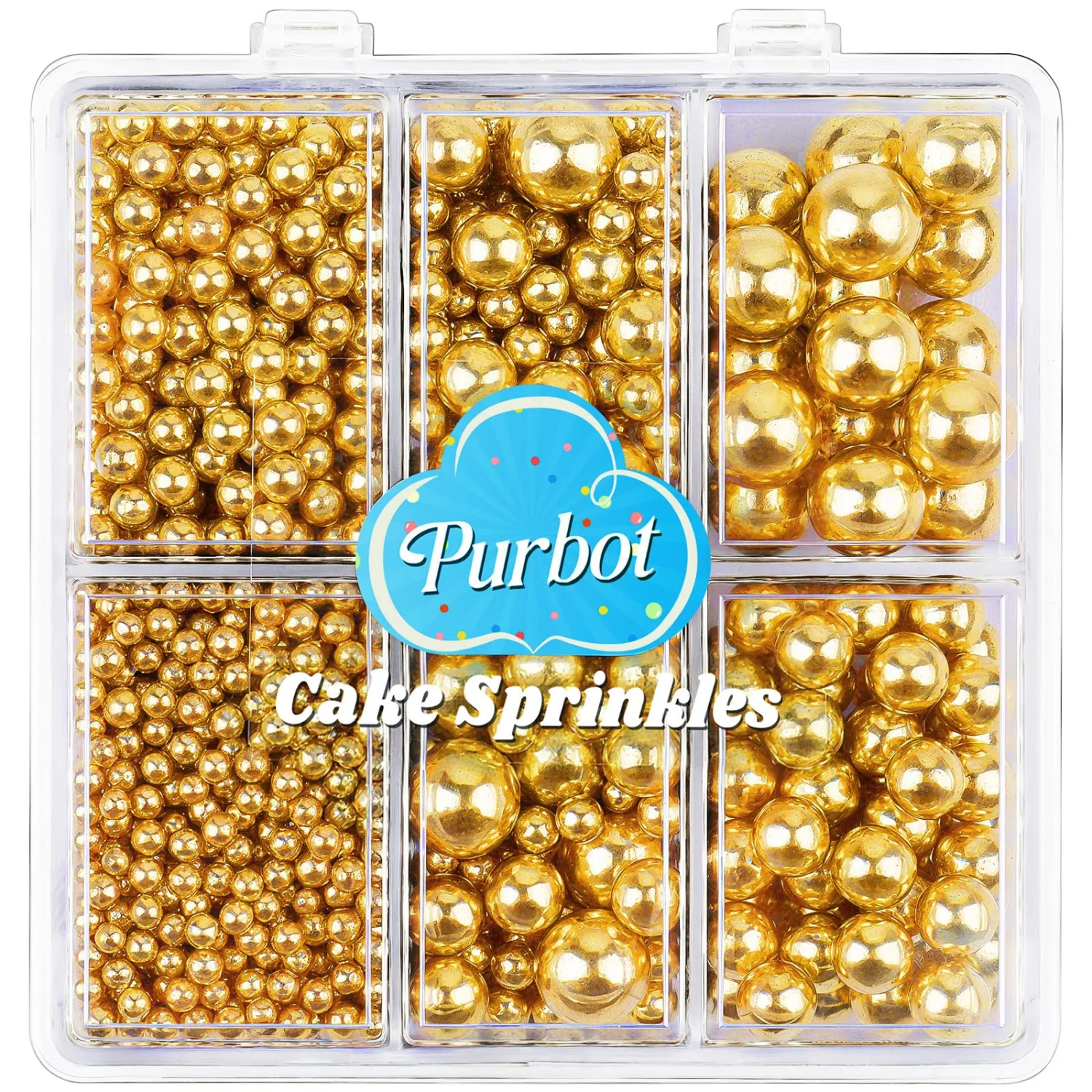 Gold Pearl Sprinkles for Cake Decorating, 4 Sizes Sugar 130g/4.6oz, Cupcake, Ice Cream, Donuts, Macaron Toppings Supplies (2mm, 4mm, 7mm, 1cm)