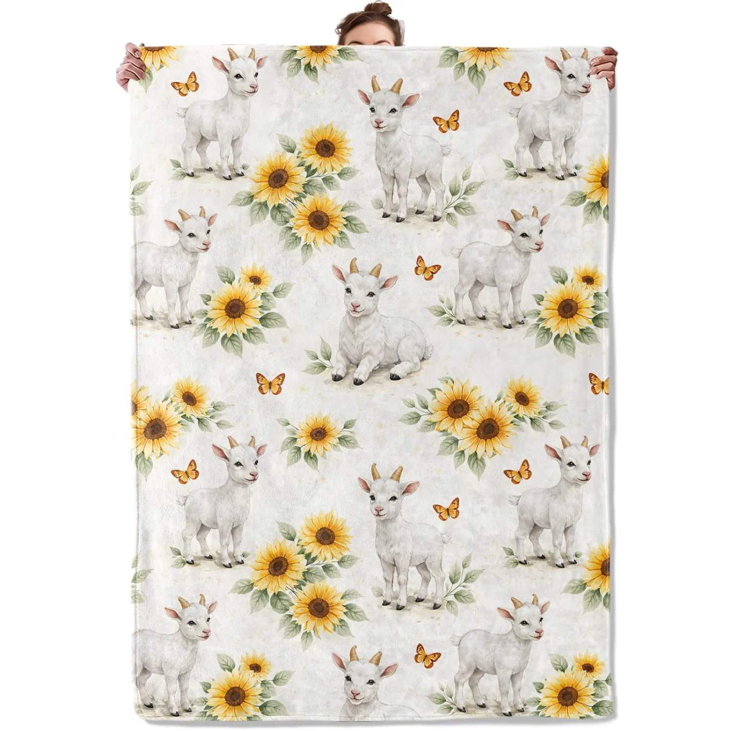 Goat Sunflower Flannel Throw Blanket Pastoral Animal and Floral Decor for Women Farm Nature Lovers Cozy Lightweight Fleece Blankets Bedroom Couch Dorm Camping Travel Gifts, 40x50inch