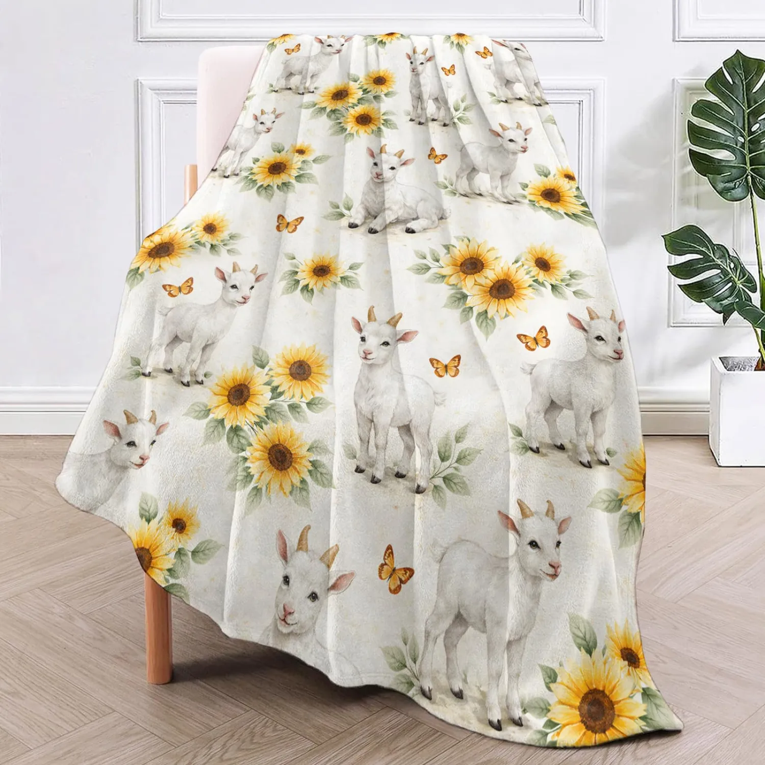 Goat Sunflower Flannel Throw Blanket Pastoral Animal and Floral Decor for Women Farm Nature Lovers Cozy Lightweight Fleece Blankets Bedroom Couch Dorm Camping Travel Gifts, 40x50inch