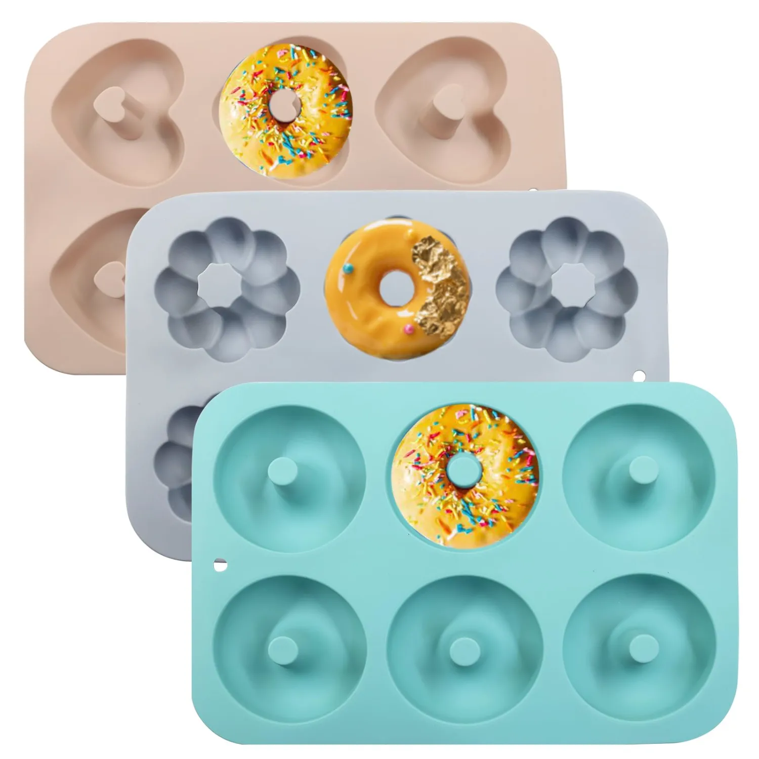 Non-Stick Doughnut Pan Set of 3 - Flexible Silica gel Baking Molds for Perfect Donuts, Cakes & Bagels, Dishwasher Safe, Just Pop Out for Easy Release, BPA-Free & Odorless（Multiple styles）