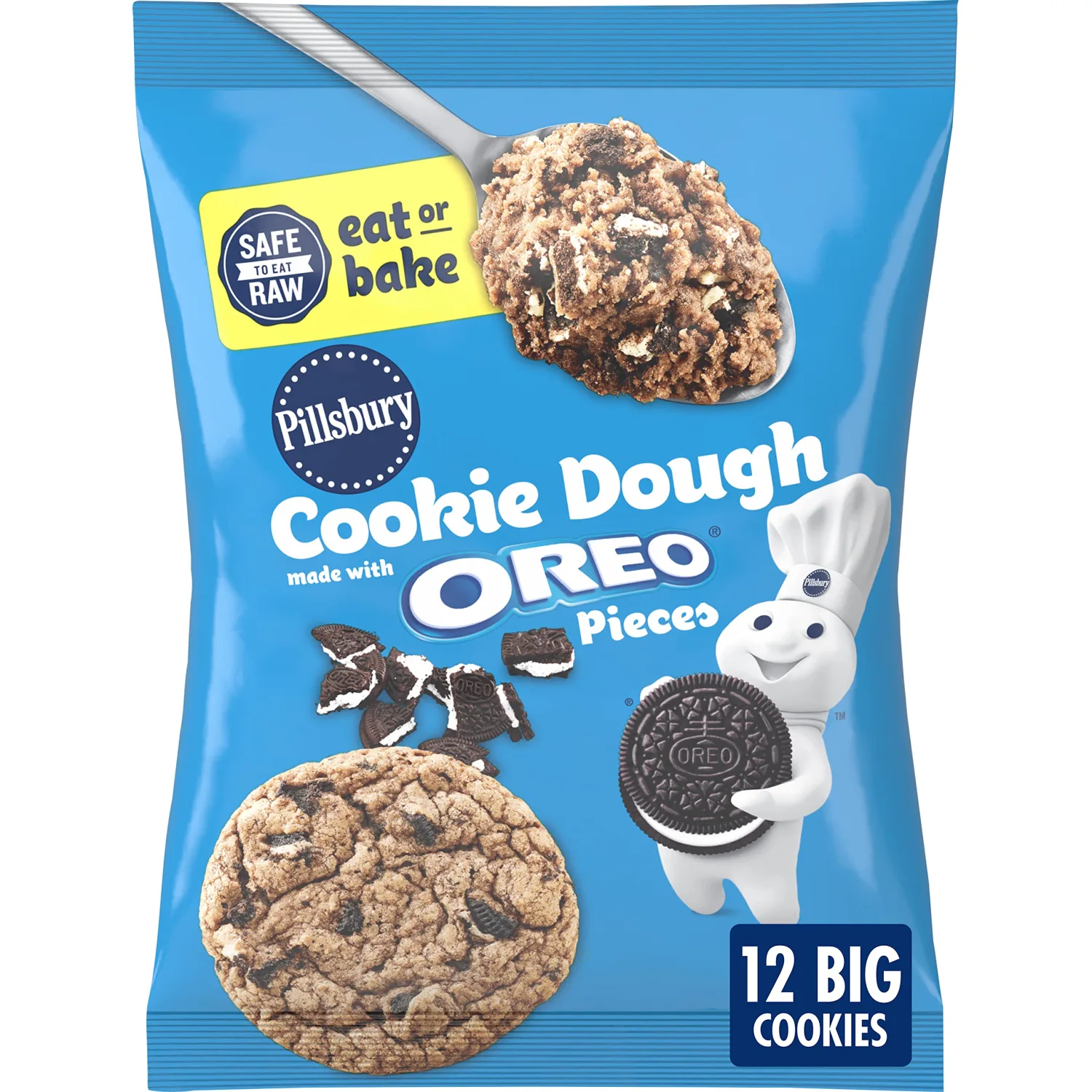Pillsbury Refrigerated Cookie Dough Made With OREO Pieces, Eat or Bake, 12 Big Cookies, 16 oz