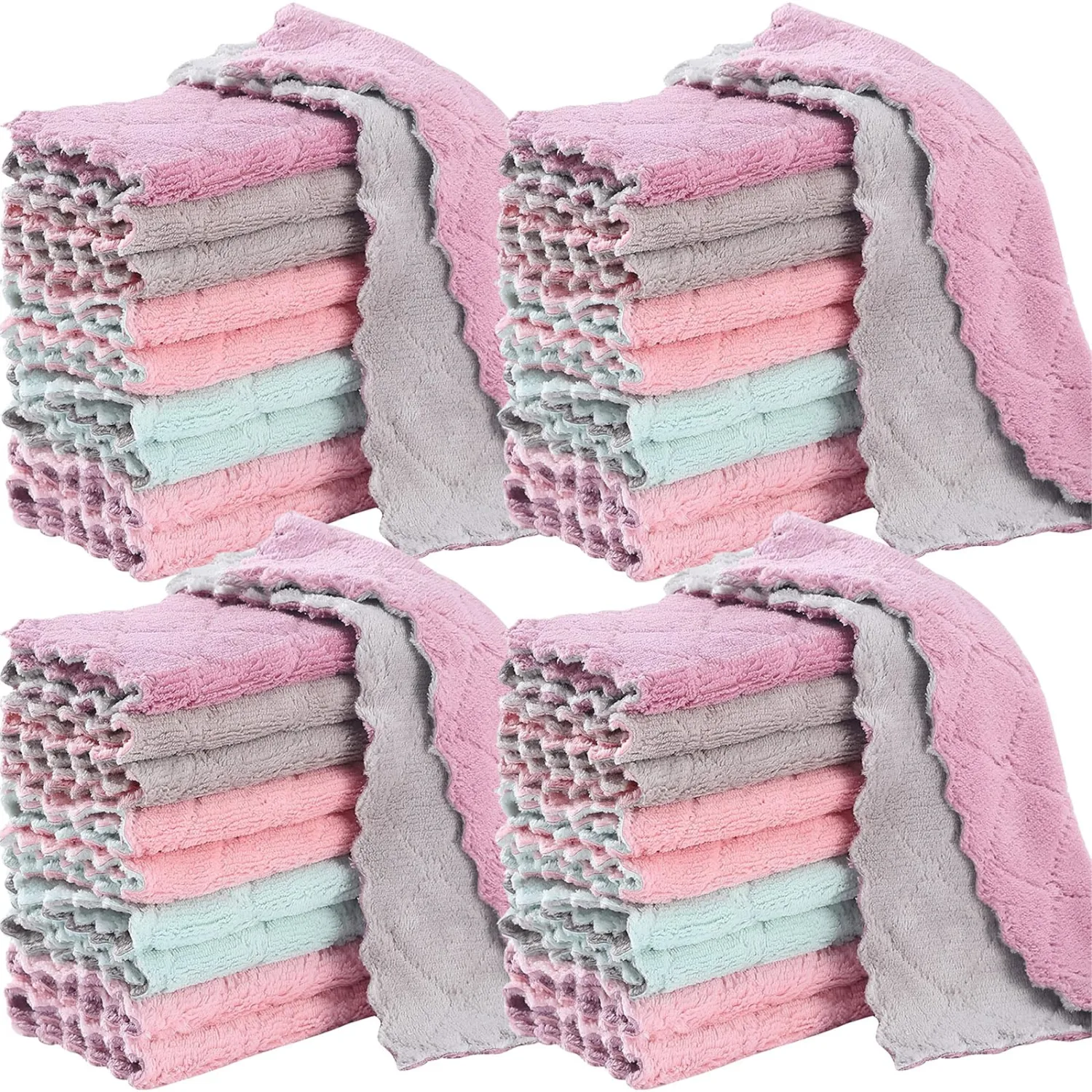 32 Pack Kitchen Dish Cloths Dish Towels, Super Soft and Absorbent Coral Fleece Cloth, Coral Velvet Microfiber Cleaning Cloth, Nonstick Oil Washable Fast Drying Dish Rags for Clean Table, Dish, Glass.