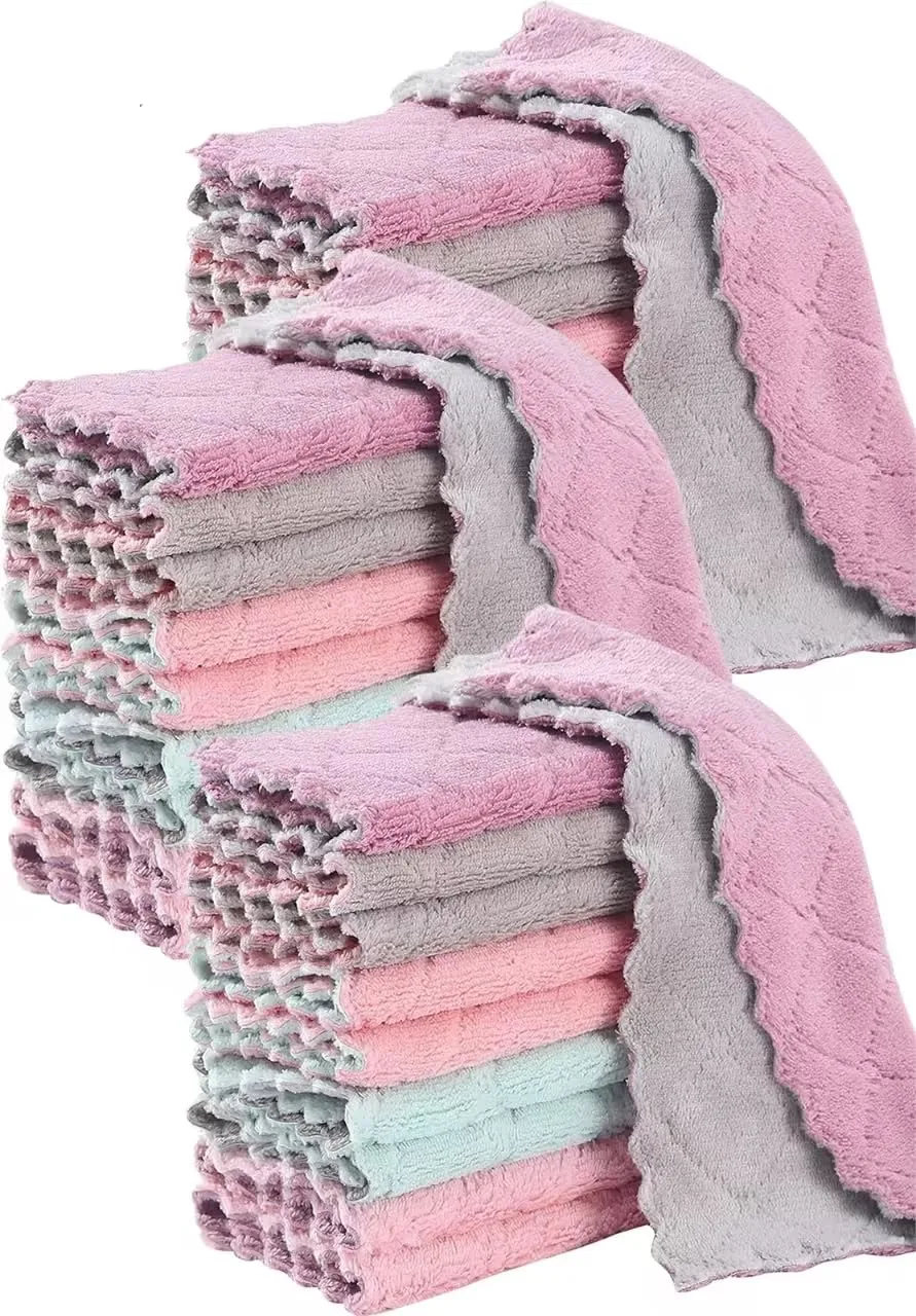 24 Pack Kitchen Dish Cloths Dish Towels, Super Soft and Absorbent Coral Fleece Cloth, Coral Velvet Microfiber Cleaning Cloth, Nonstick Oil Washable Fast Drying Dish Rags for Clean Table, Dish, Glass.