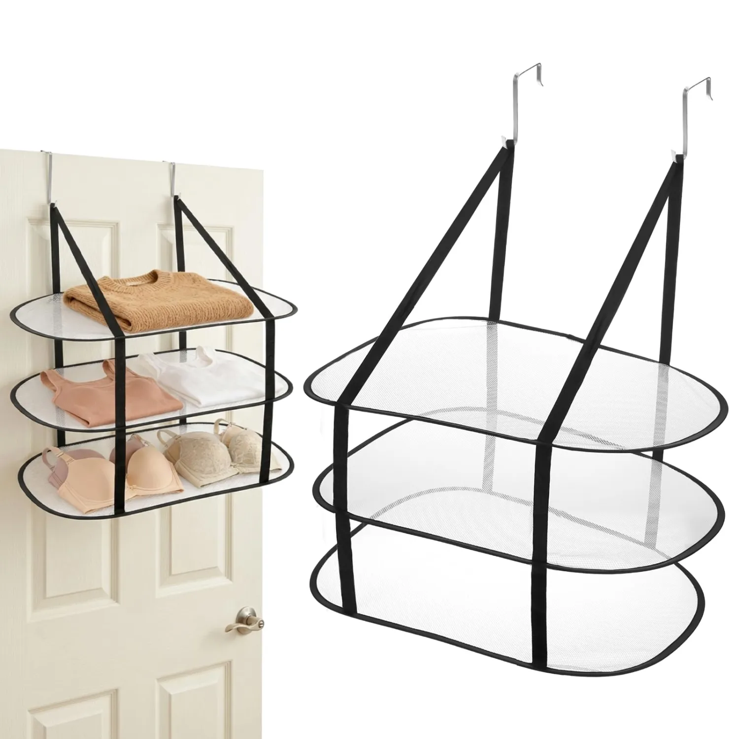 2 Pcs Flat Over The Door Folding Drying Rack, 3 Tier Black Large Laundry Hanging Dryer Sweater Drying Rack Mesh Clothes Hanging Fold Flat Dry Hanger for Small Spaces, Apartments, Dorms, Bathrooms