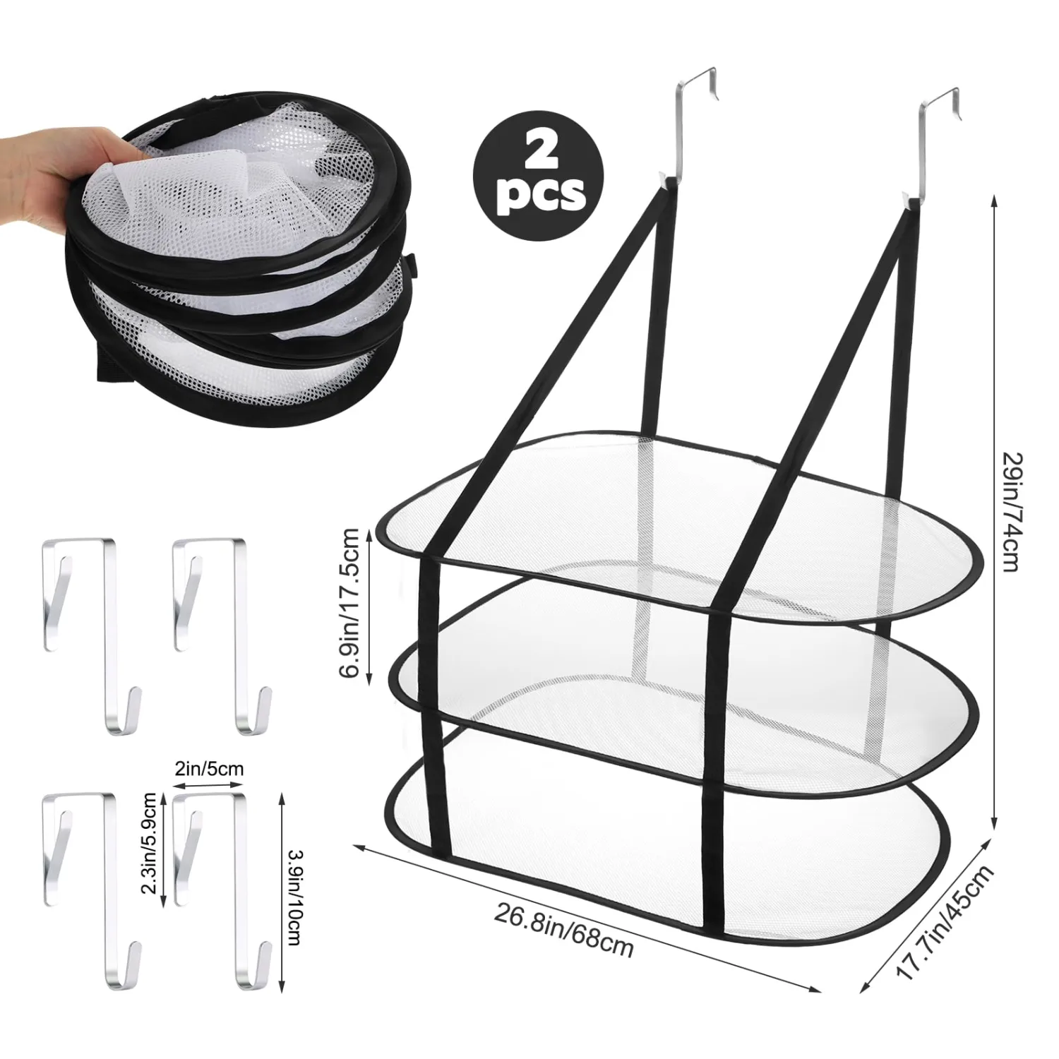 2 Pcs Flat Over The Door Folding Drying Rack, 3 Tier Black Large Laundry Hanging Dryer Sweater Drying Rack Mesh Clothes Hanging Fold Flat Dry Hanger for Small Spaces, Apartments, Dorms, Bathrooms