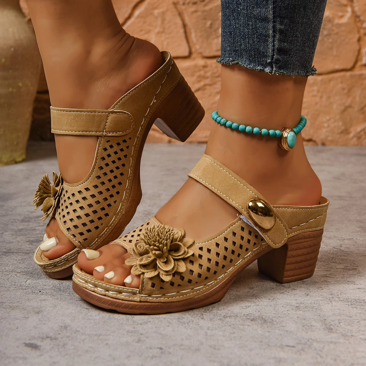 Floral Chunky Heel Womens Sandals