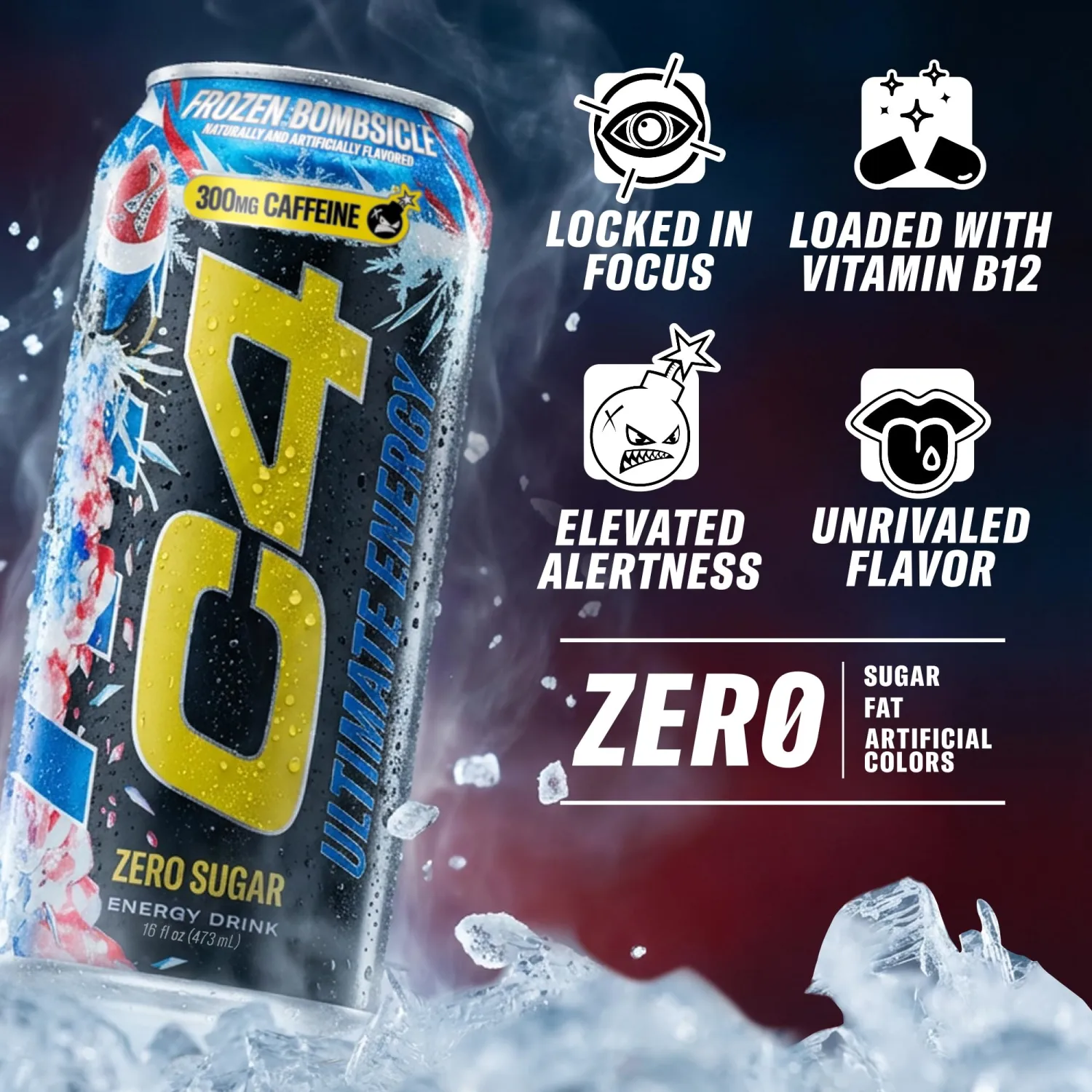 C4 Ultimate Energy Drink, 300mg Caffeine, Zero Sugar, High-Performance Energy for Pre-Workout, Endurance, and Focus, Frozen Bombsicle, 16oz (Pack of 12)