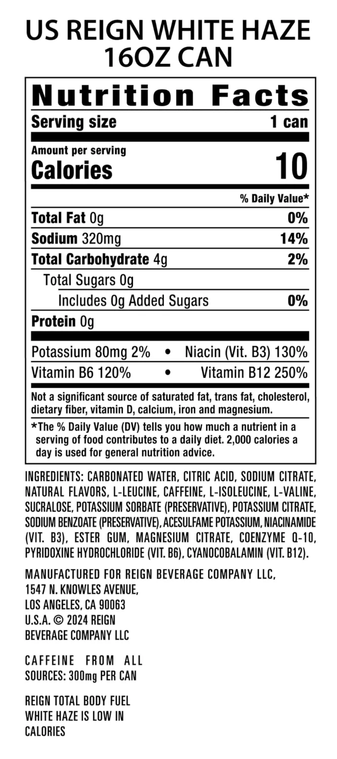 Reign Total Body Fuel, White Haze, Fitness & Performance Drink, 16 Fl Oz (Pack of 1)
