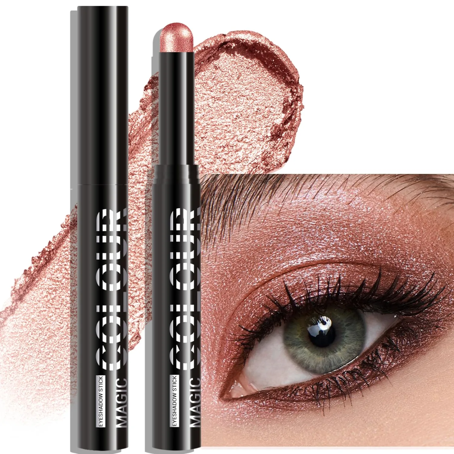 Rose Copper Eyeshadow Stick - Long Lasting Glitter Eyes Shadow Pencil Buildable Brightener Crayon Eyeliner Cream Highlighter Makeup, Lightweight Waterproof & Smudge Proof for Quick Application