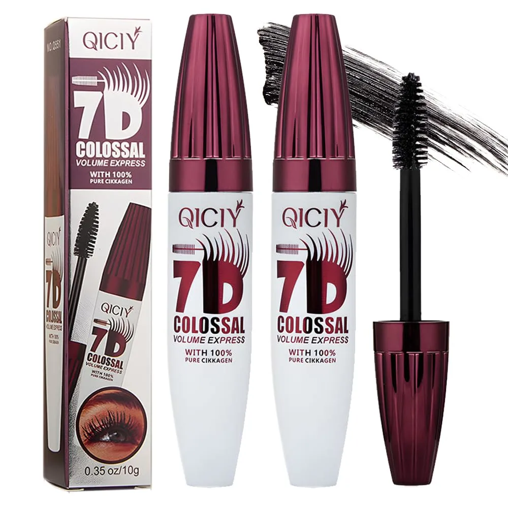 2 Packs Qiciy 7d Colossal Mascara, 0.35 oz, Black Long-Lasting & Buildable Volume, Natural Length, Exquisitely Full Lashes, Smudge-Proof, Thickening Eye Makeup for Defined Curl (2Pcs)