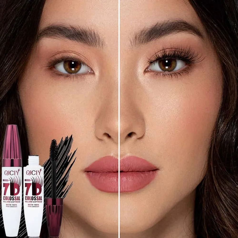 2 Packs Qiciy 7d Colossal Mascara, 0.35 oz, Black Long-Lasting & Buildable Volume, Natural Length, Exquisitely Full Lashes, Smudge-Proof, Thickening Eye Makeup for Defined Curl (2Pcs)