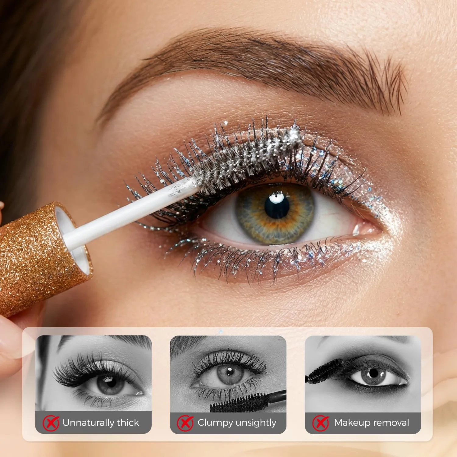 Diamond Glitter Mascara Topper, 2026 New Glitter Mascara for Women, Waterproof Gold Glitter Mascara for Night Out, Volumizing Sparkle Mascara (Silver)