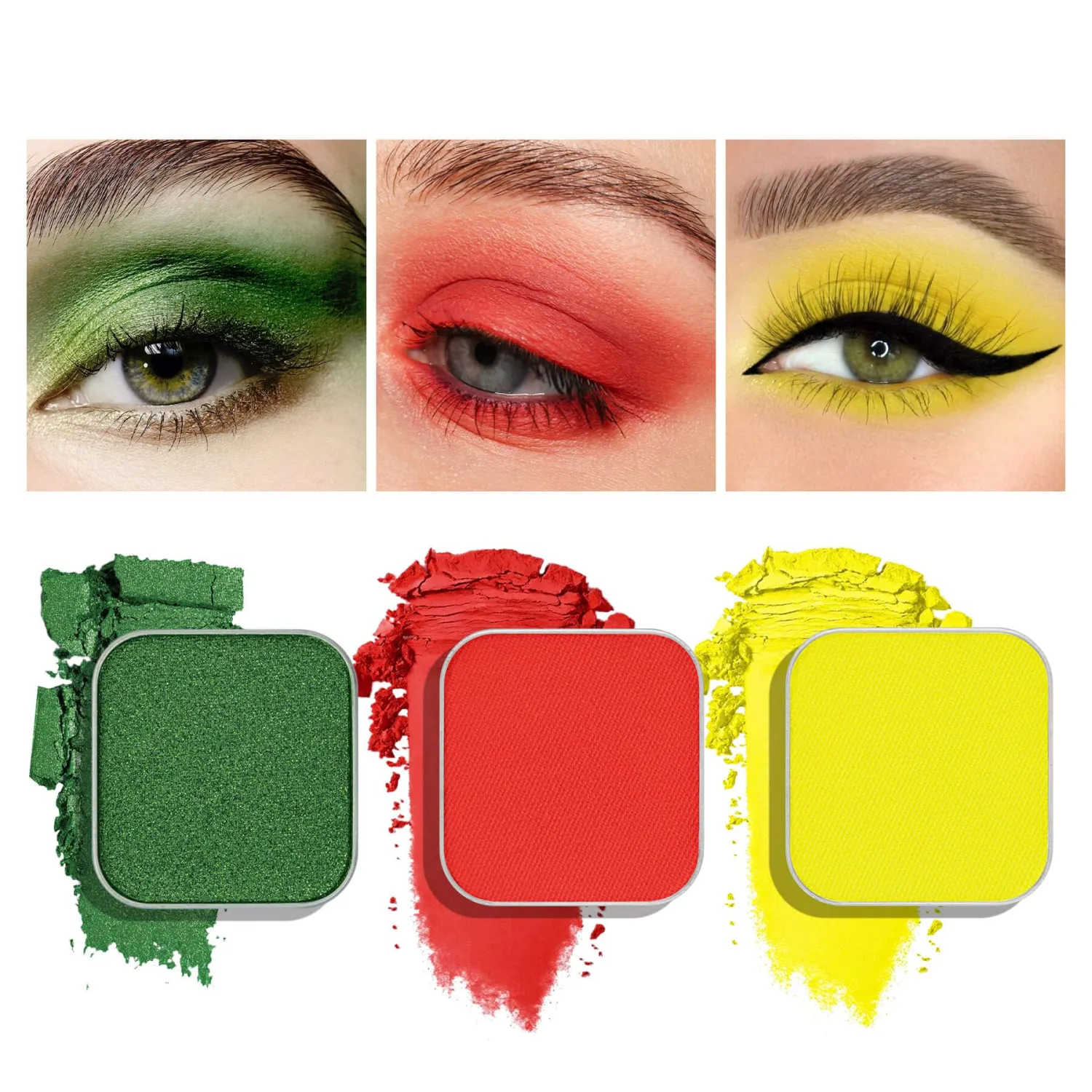 Christmas 3-Color Eyeshadow Trio – Festive Holly Red, Evergreen Green & Golden Yellow, Matte & Shimmer, Highly Pigmented Powder Refills for DIY Custom Magnetic Palette & Holiday Makeup