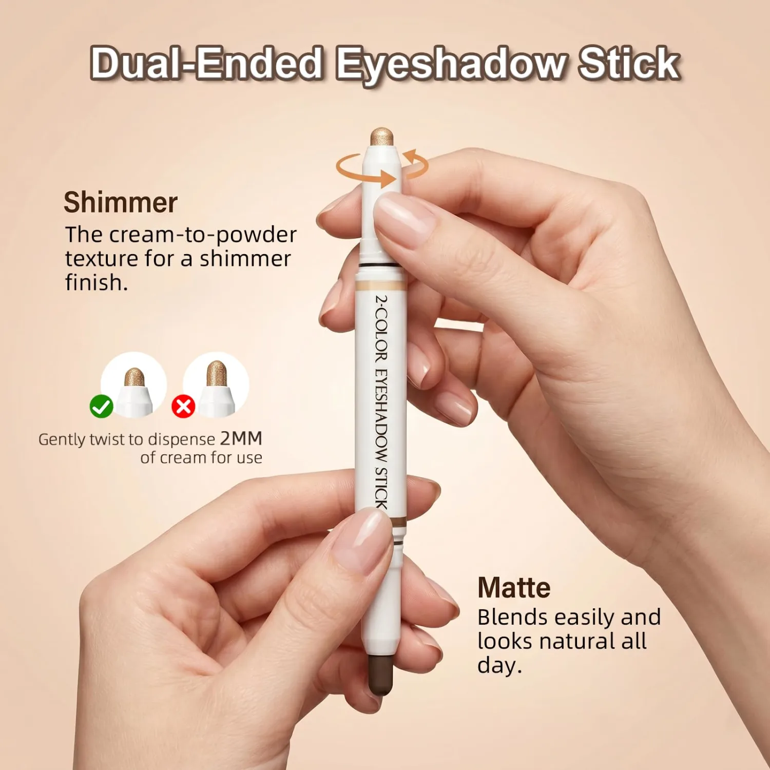 Cream Two Color Eyeshadow Stick, 2-in-1 Shimmer & Matte Eye Shadow Pen, Smooth Long Lasting Crease-Proof Eye Makeup Pencil for Daily Eye Looks, 03# Sunrise Latte
