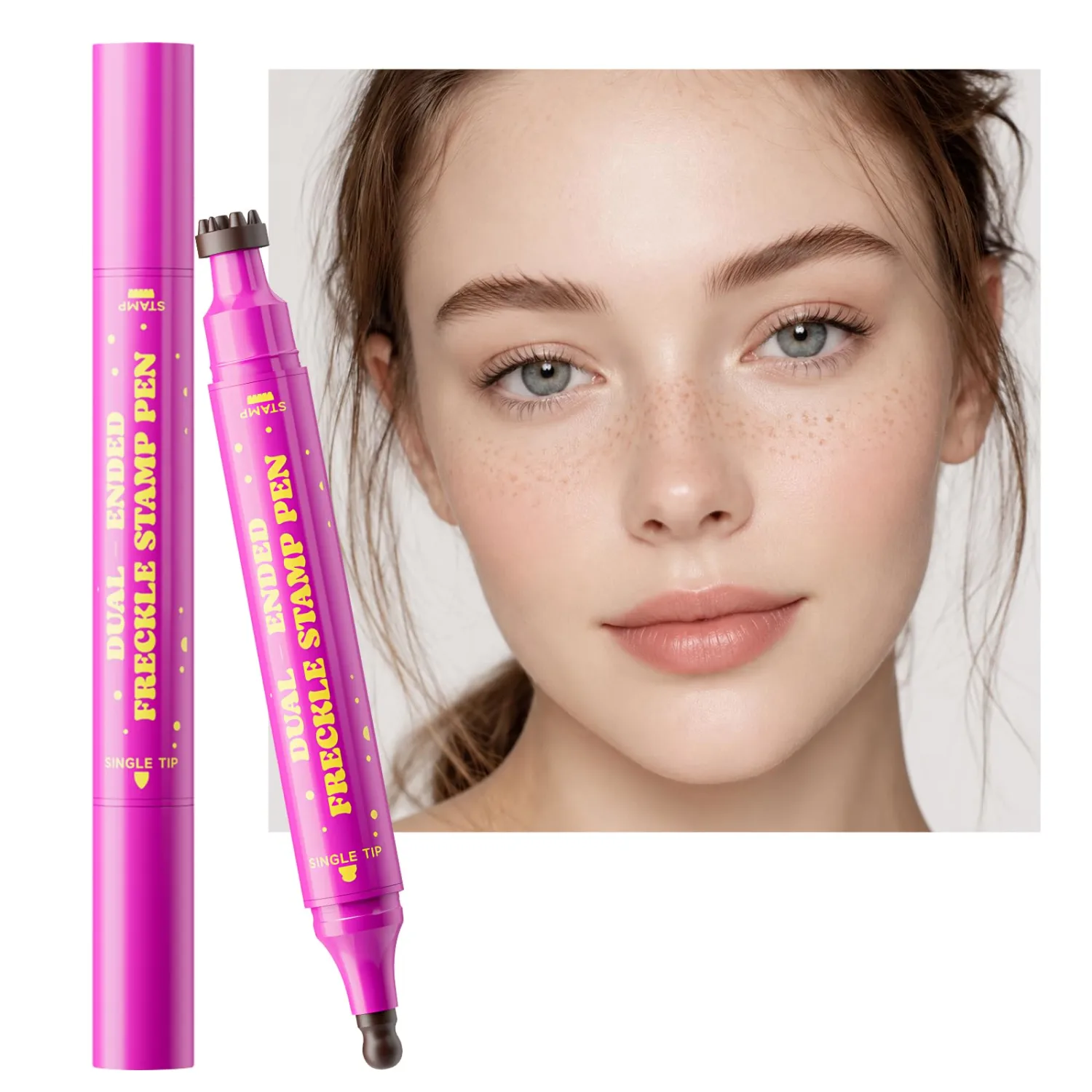 Freckle Stamp Pen Dual-Ended–Soft Sponge Stamp & Precision Tip for Realistic Faux Freckles Makeup–Waterproof Long-Lasting Freckle Marker for Natural or Bold Looks(Soft Warm Brown01)