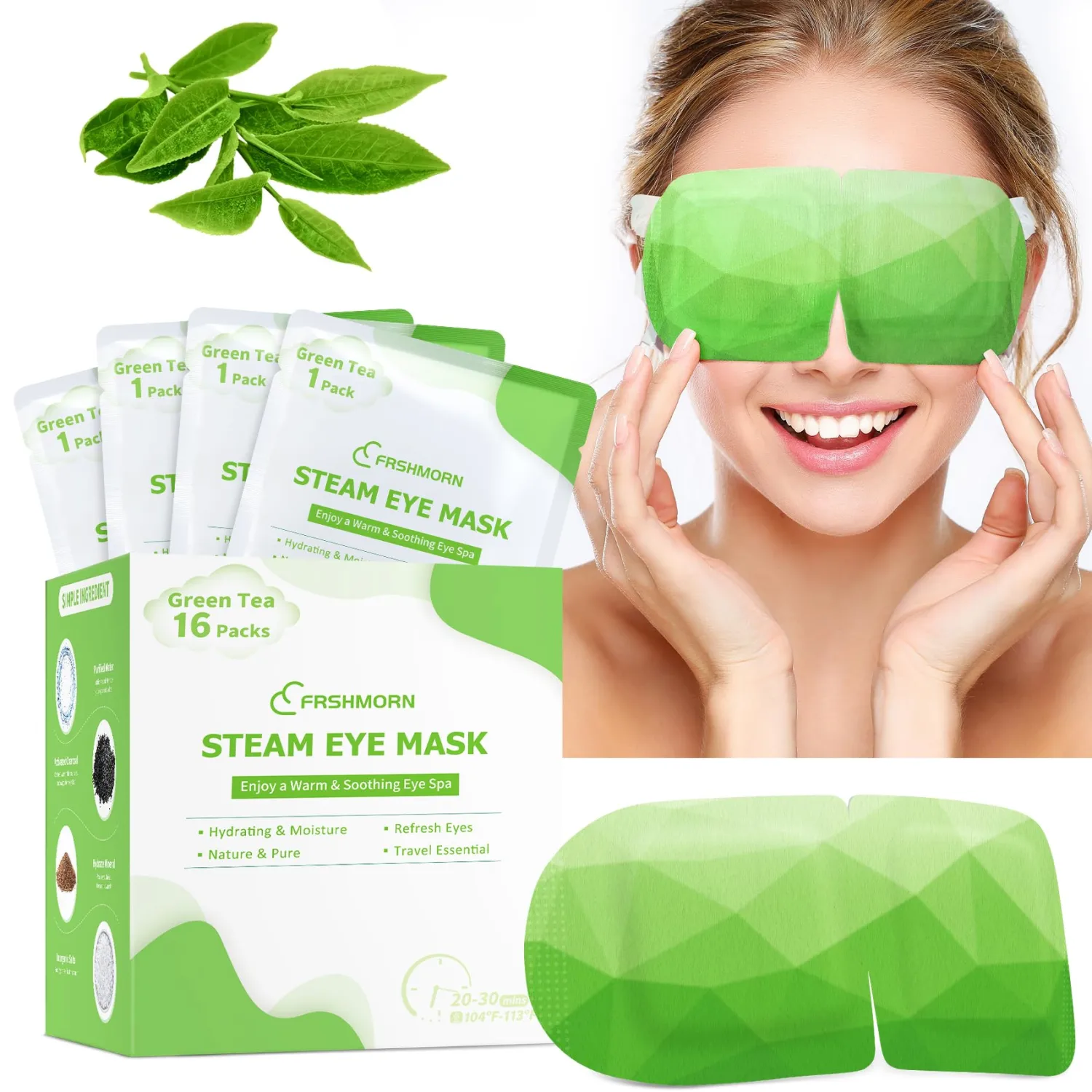 16Packs Steam Eye Mask, Heated Eye Mask for Sleeping, Warm Compress for Eyes, Self Heating Disposal Steam Mask for Home Sleep, Office, Spa, Travel Essentials Mothers Day Gifts (Green Tea)