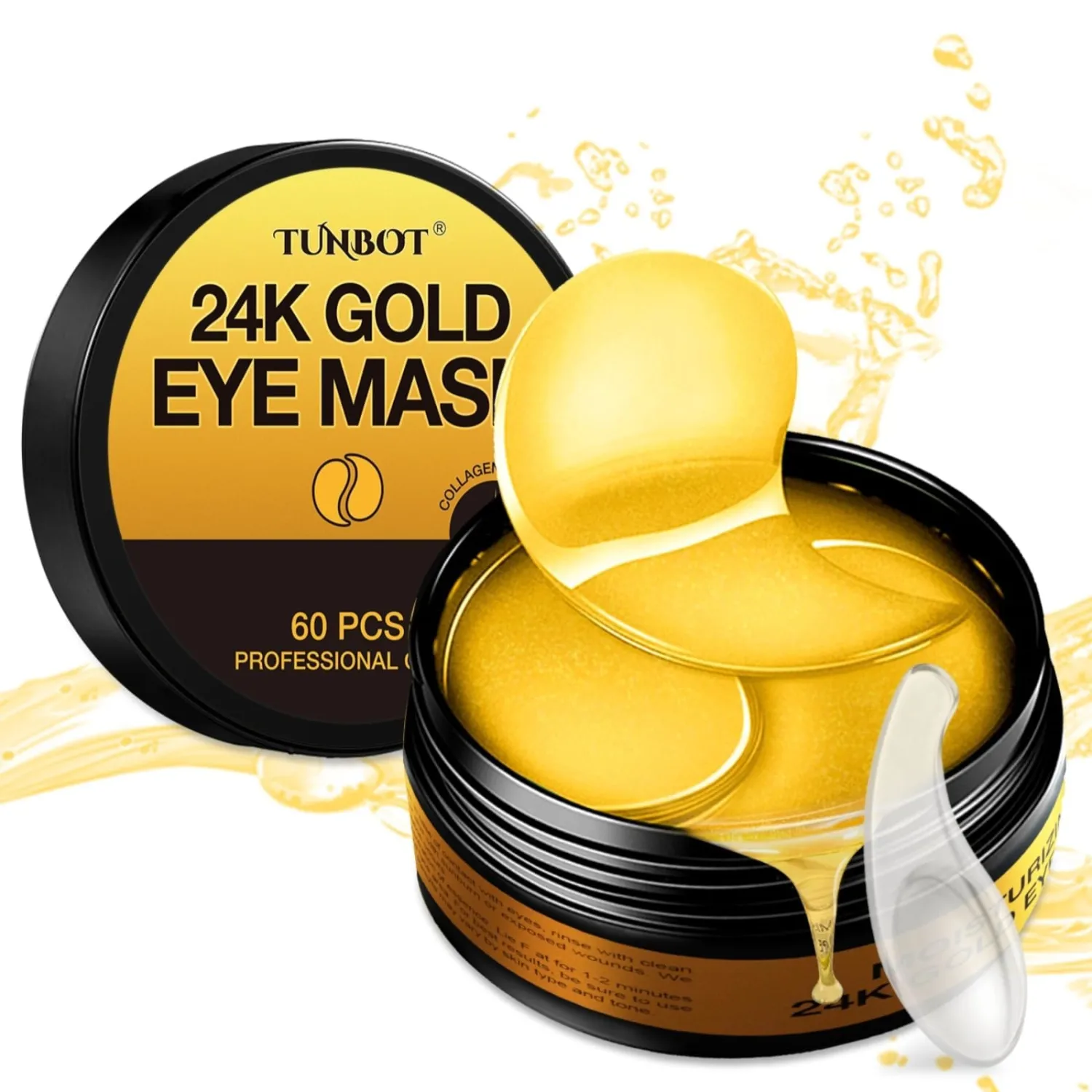 Tunbot Eye Mask - 60 Pieces - 24k Gold Eye Mask - Anti-Aging - Contains Collagen & Hyaluronic Acid - Removes Dark Circles, Puffiness & Wrinkles, Moisturizes - Home Skin Care