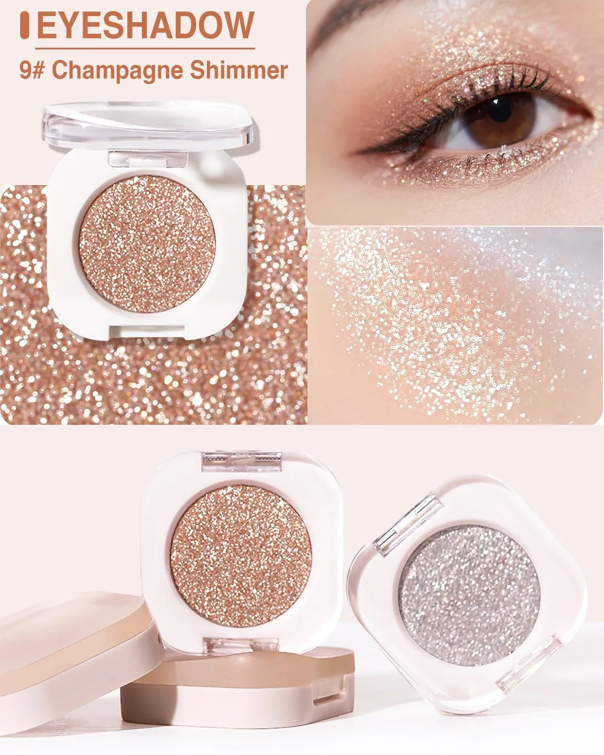 Glitter Eyeshadow Single, Ultra-Fine Sparkling Diamond Shimmer, Long-Lasting Sheer Eye Makeup, Crease-Proof & Buildable Eye Shadow Topper, Champagne Gold