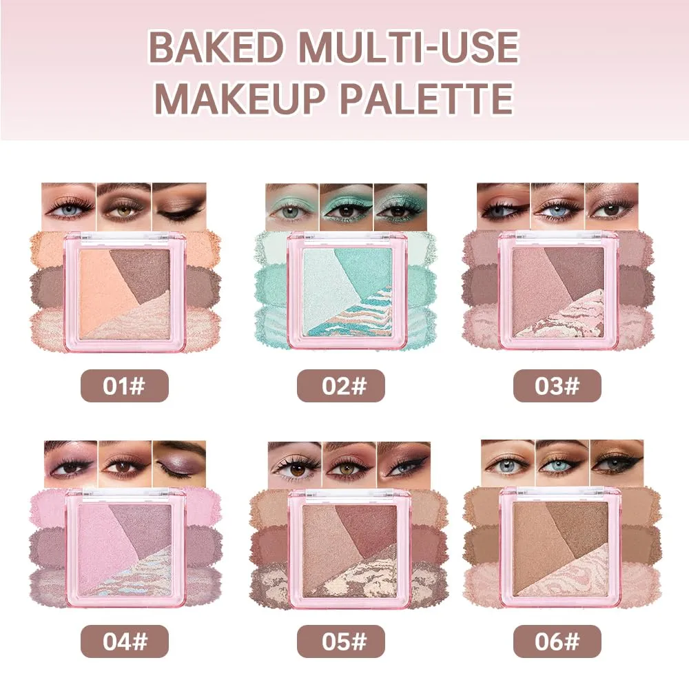 Baked Eyeshadow Palette, Shimmer, Neutral, Blendable, Mini Travel Size, Soft Glam Natural Eye Makeup Trio (C03, 1 Count (Pack of 1))