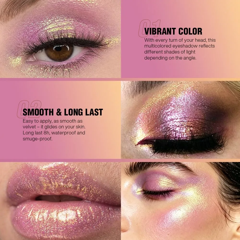 Chameleon Chrome Eyeshadow, Pink-Purple to Gold Shimmer Duochrome Eyeshadow with Color Shifting, Sparkle Pink-Lilac Multichrome Eye Shadow for Eyelid Topper, Long Lasting & Blendable Eye Makeup, #A08