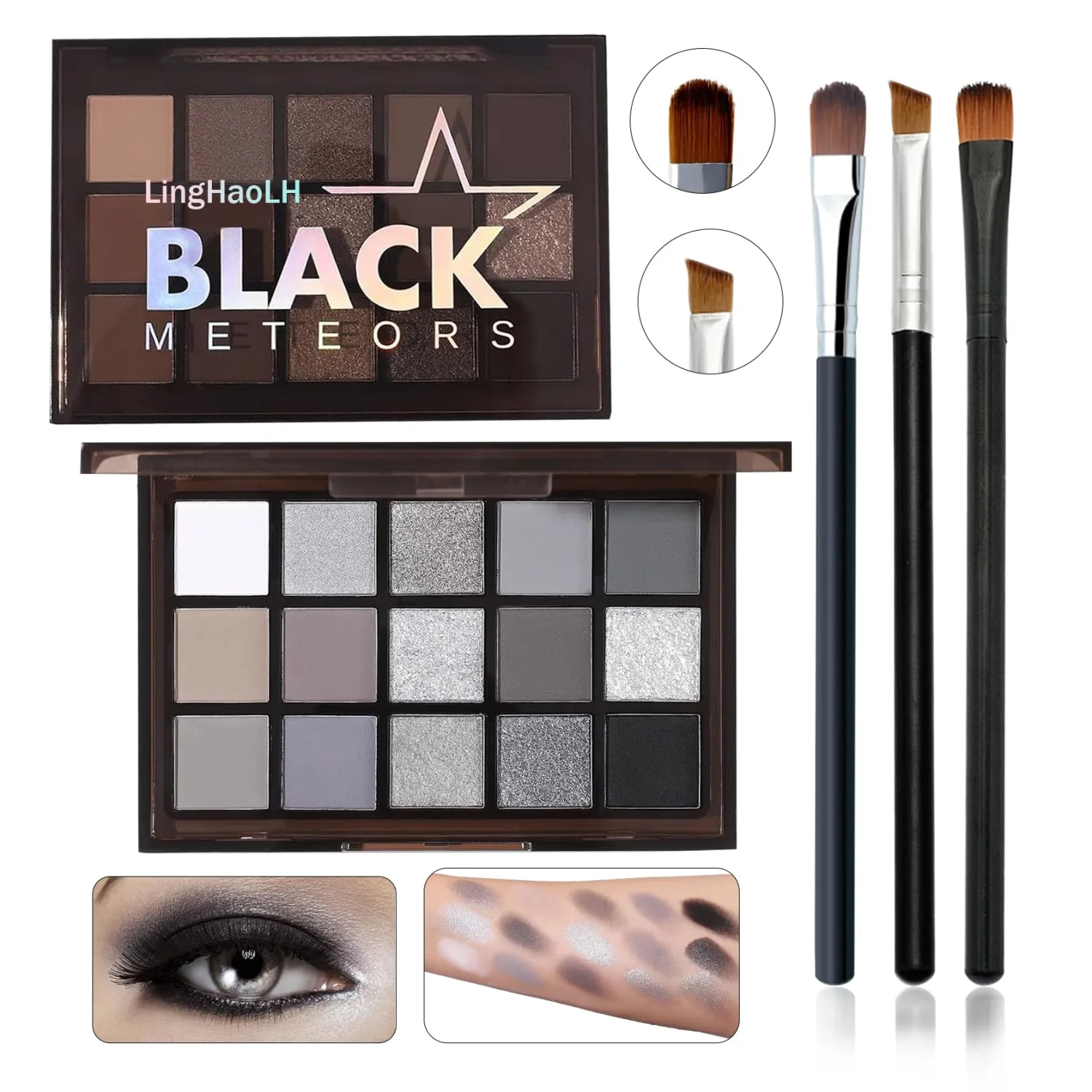Black Grey Smoky Eyeshadow Palette,15 Colors Matte Shimmer Pigmented Eye Shadow Makeup Palette Set with 3 Eyeshadow Brushes,Glitter Eye Shadow Palette for Daily Halloween Goth Makeup(A)