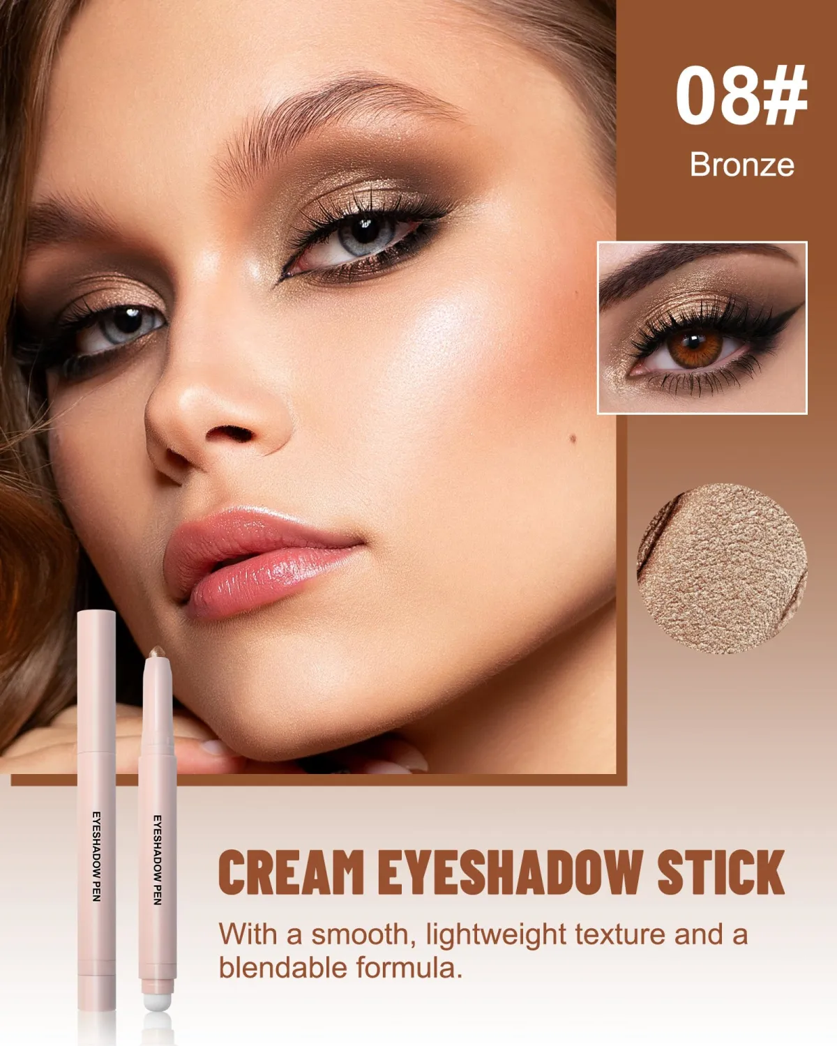 Bronze Shimmer Eyeshadow Stick, Cream Eye Shadow Sticks, Waterproof Long Lasting, Easy Blendable Eyeshadow Pencil for Older Women, Eye Highlighter Crayon Makeup with Built-in Smudger & Sharpener-08