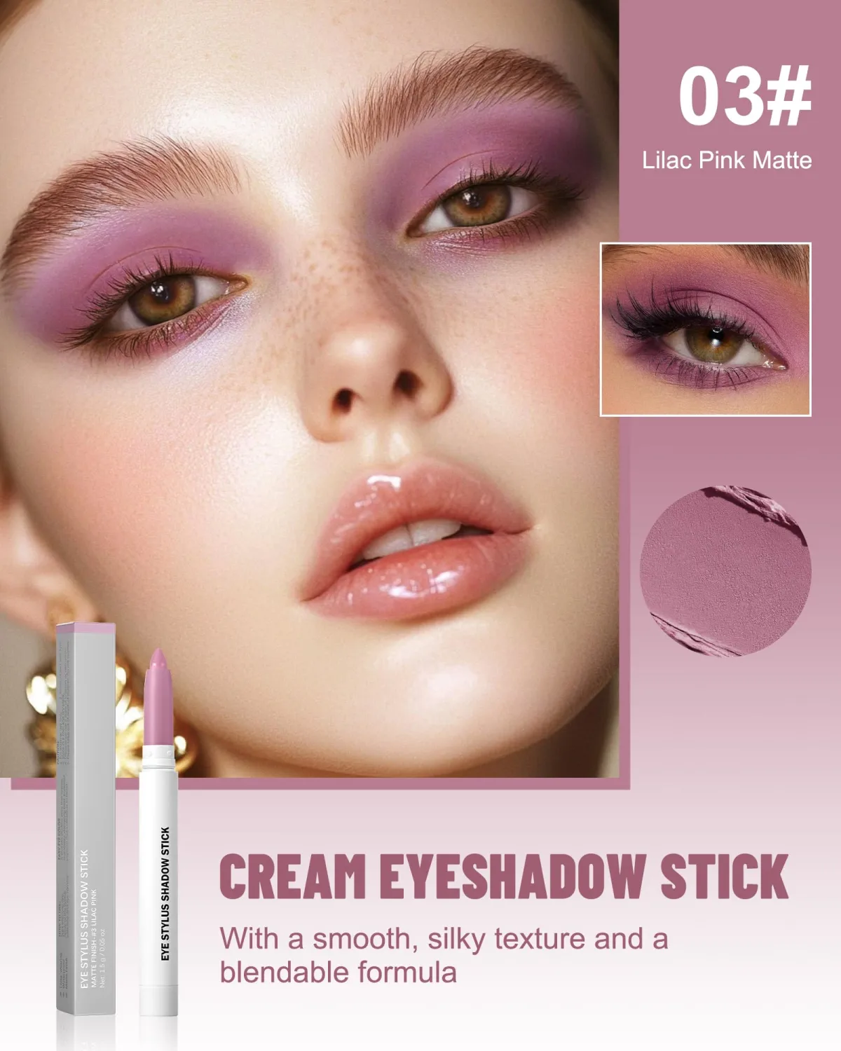 Lilac Pink Matte Eyeshadow Stick, Cream Highlighter Brightener Eye Shadow Sticks, Waterproof Long Lasting, Blendable Eyeshadow Pencil for Older Women, Eye Crayon Makeup with Built-in Sharpener-B03