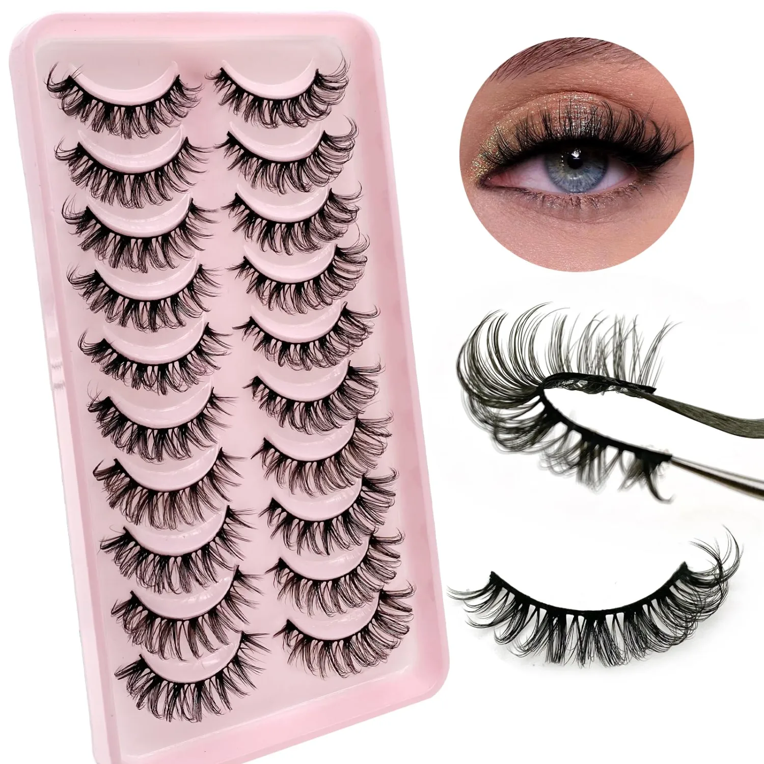 Royaomis D Curl Cat Eye lashes Wispy Russian Strip Lashes that Look Like Extensions 8D False Eyelashes Natural Look Pack 10 Pairs (RM-37)
