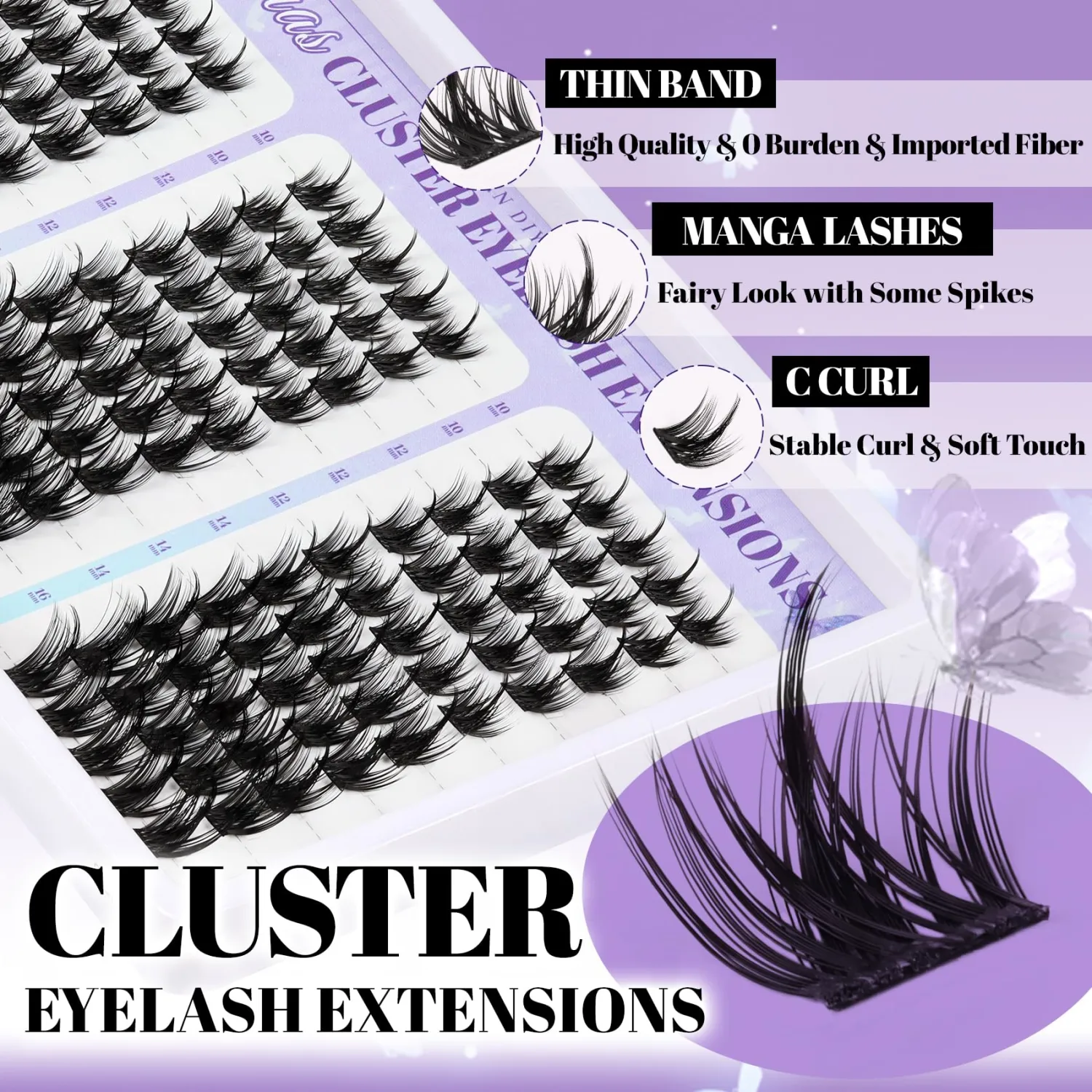 Manga Lash Clusters Spiky Eyelash Clusters 150Pcs C Curl Cluster Eyelash Extensions Fairy Lashes Clusters Natural Look 10-16mm Anime Cluster Lashes for Beginners DIY at Home (Sunrise)