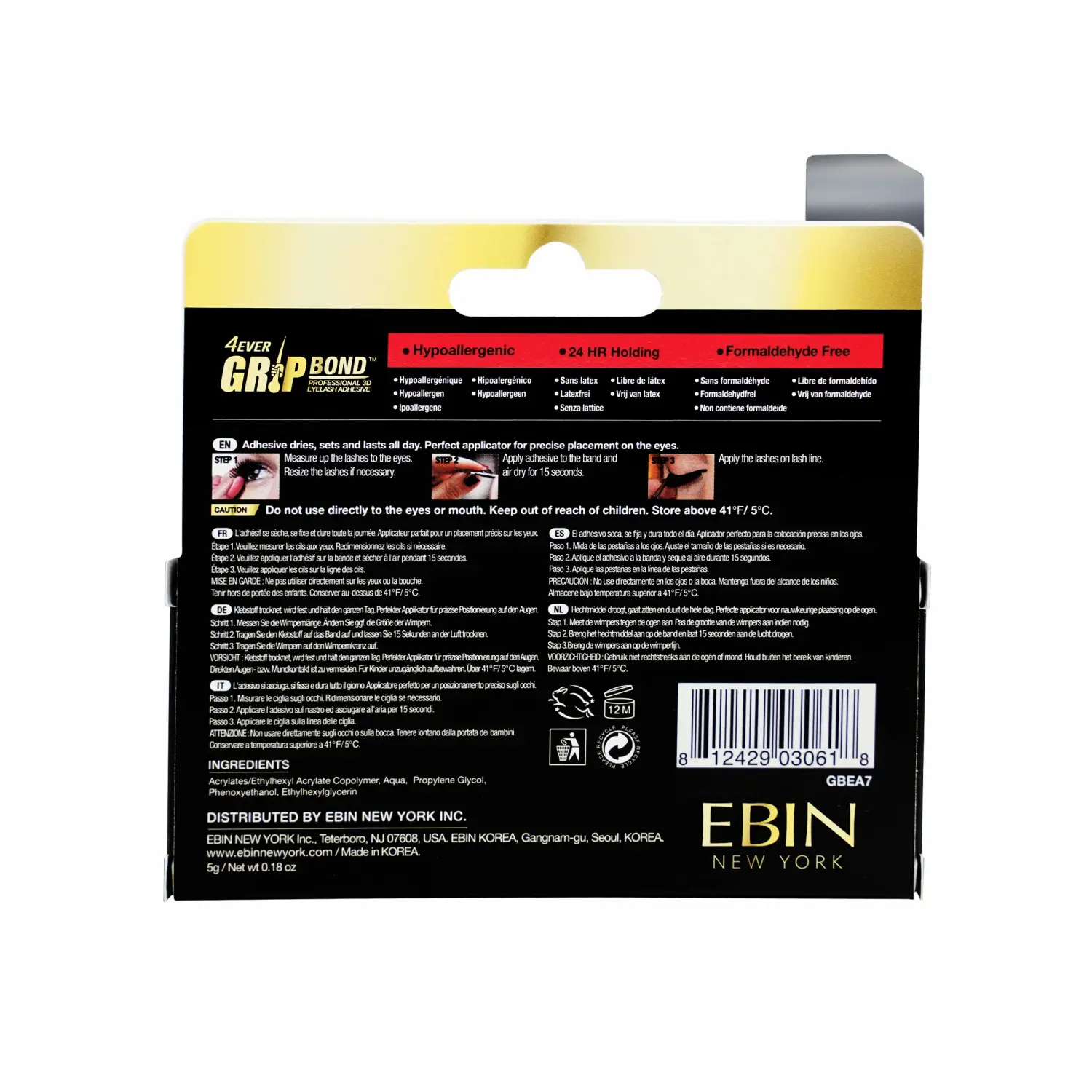 EBIN NEW YORK Grip Bond Eyelash Glue Tube Black 0.25 oz | Fast Dry Lash Glue Dries Dark | Extra Strong Hold Smudge Resistant Latex Free for Sensitive Eyes