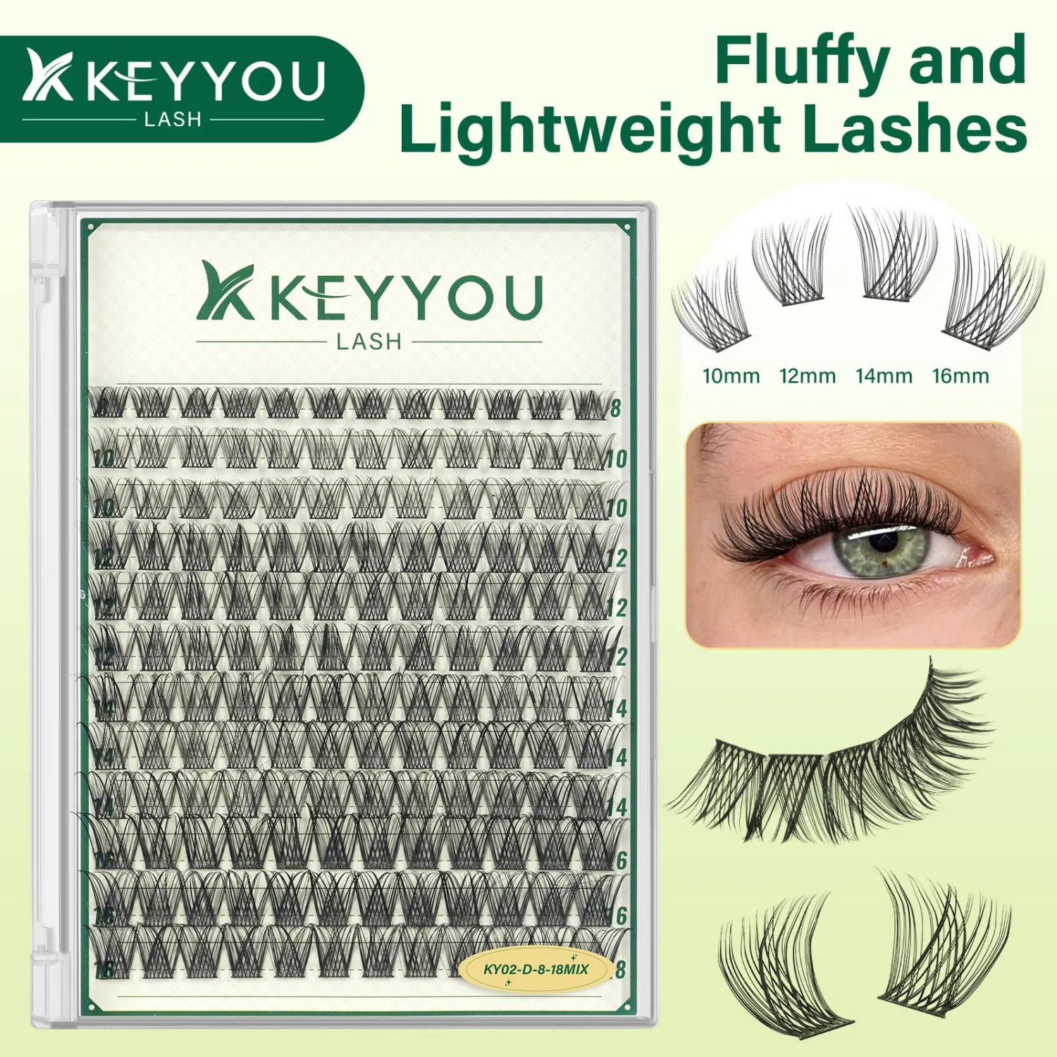 KEYYOULASH Lash Clusters Natural Wispy 144pcs Eyelash Clusters D Curl Thin Band Lashes Clusters for Beginner DIY Fluffy Eyelash Extensions at Home(KY02-8-18MIX)
