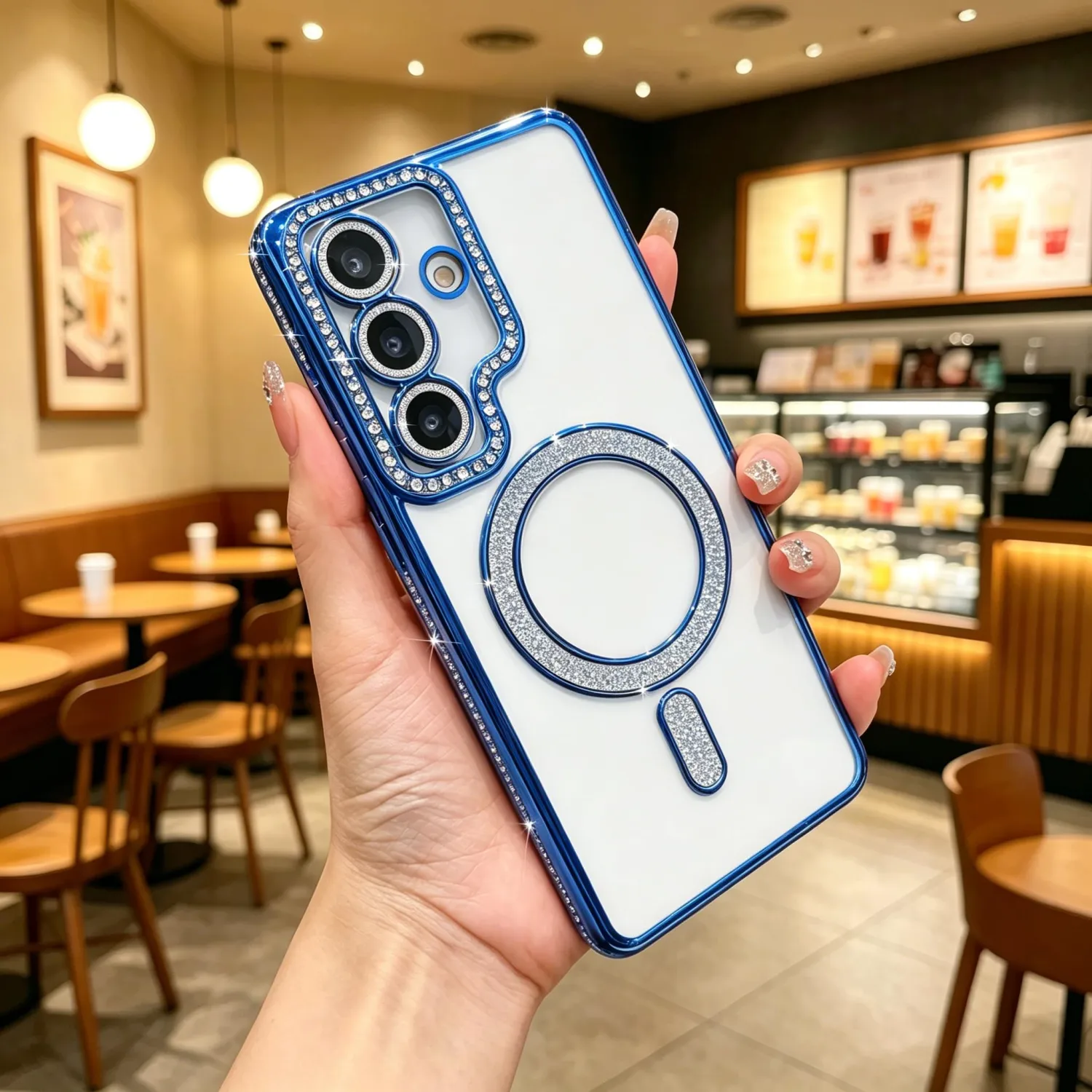 Magnetic Sparkle Diamond for Samsung Galaxy S26 Case,Sparkle Diamond Camera Protection Shockproof[Compatible with MagSafe] Clear Cute Glitter Bling for Women and Girls,Blue