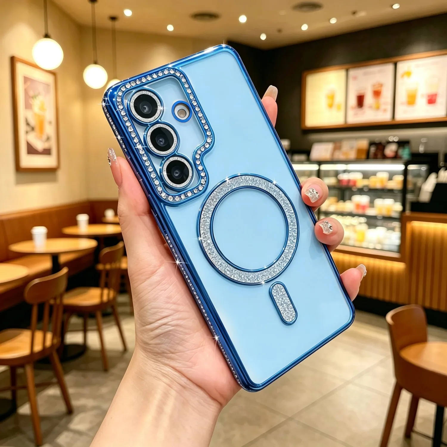 Magnetic Sparkle Diamond for Samsung Galaxy S26 Case,Sparkle Diamond Camera Protection Shockproof[Compatible with MagSafe] Clear Cute Glitter Bling for Women and Girls,Blue