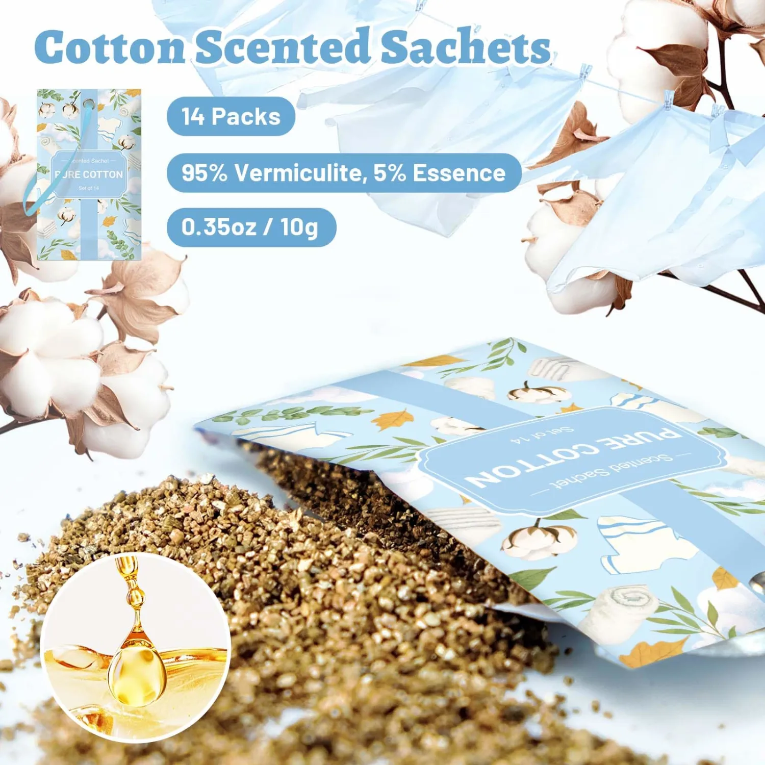 STRN Scented Sachets for Drawer and Closet, Pure Cotton Scented Long-Lasting Sachets, 14 Packs for Home Fragrance, Small Space Air Freshener for Wardrobes