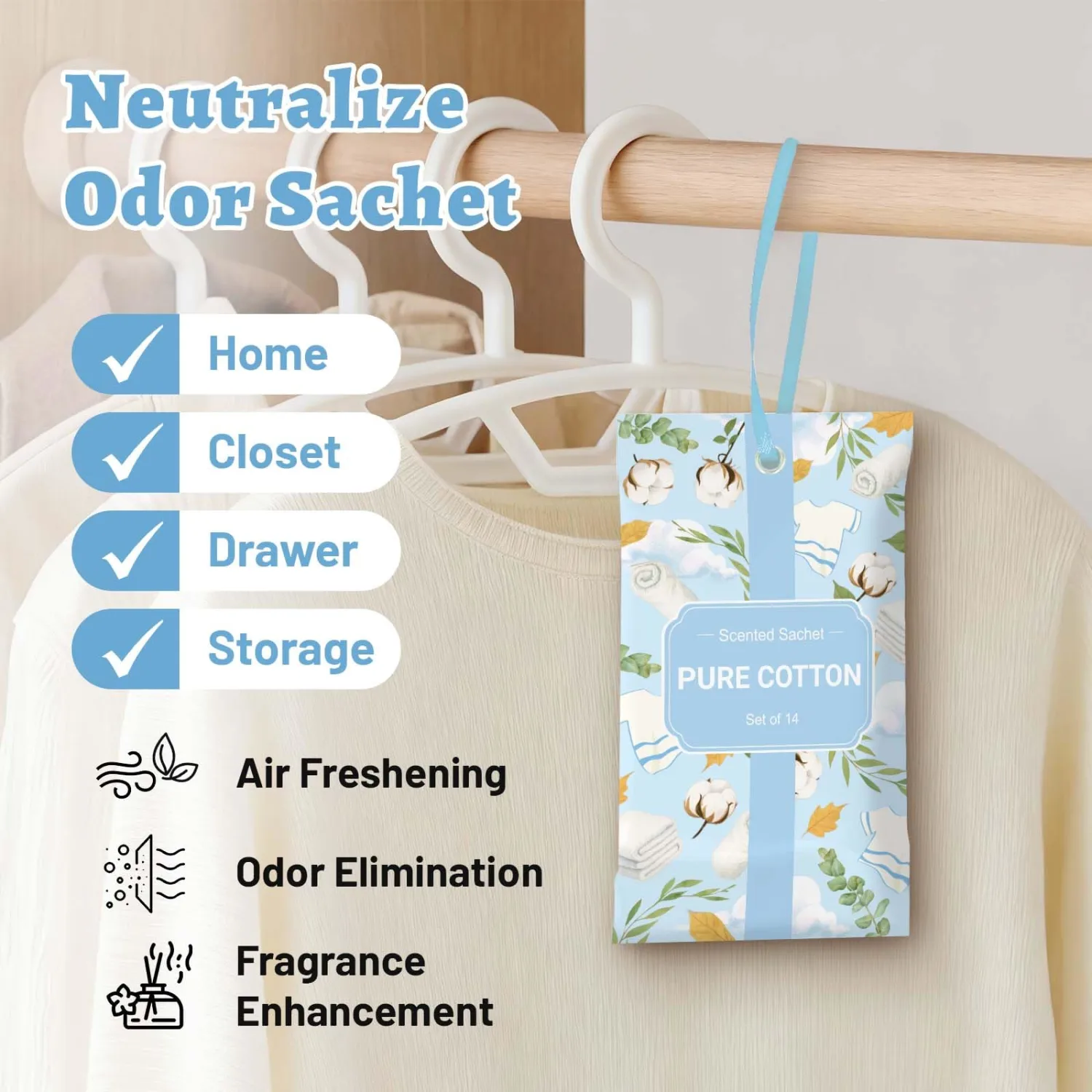 STRN Scented Sachets for Drawer and Closet, Pure Cotton Scented Long-Lasting Sachets, 14 Packs for Home Fragrance, Small Space Air Freshener for Wardrobes