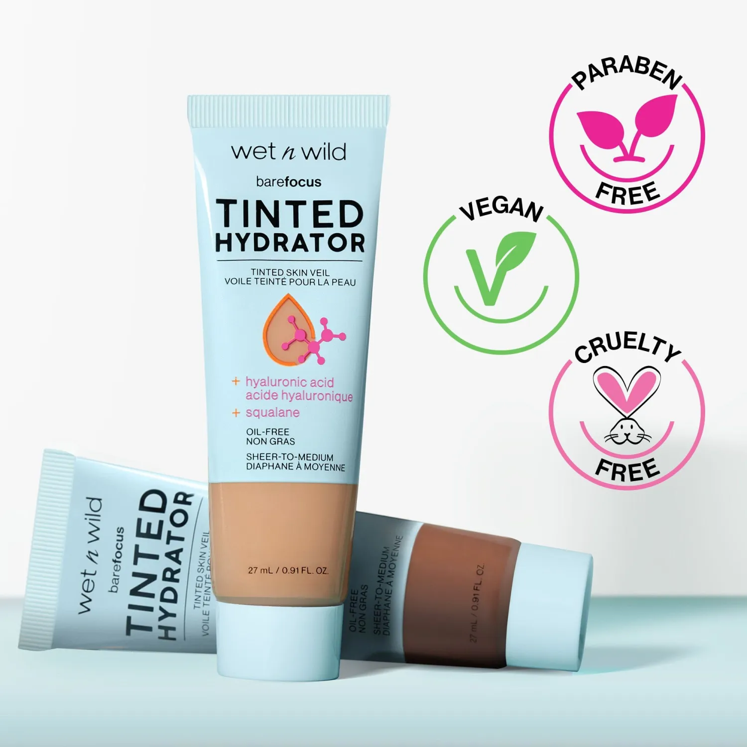 wet n wild Bare Focus Tinted Hydrator Tinted Skin Veil, Lightweight Buildable Coverage with Hyaluronic Acid & Vegan Squalane, Semi-Matte Finish, Cruelty-Free - Light