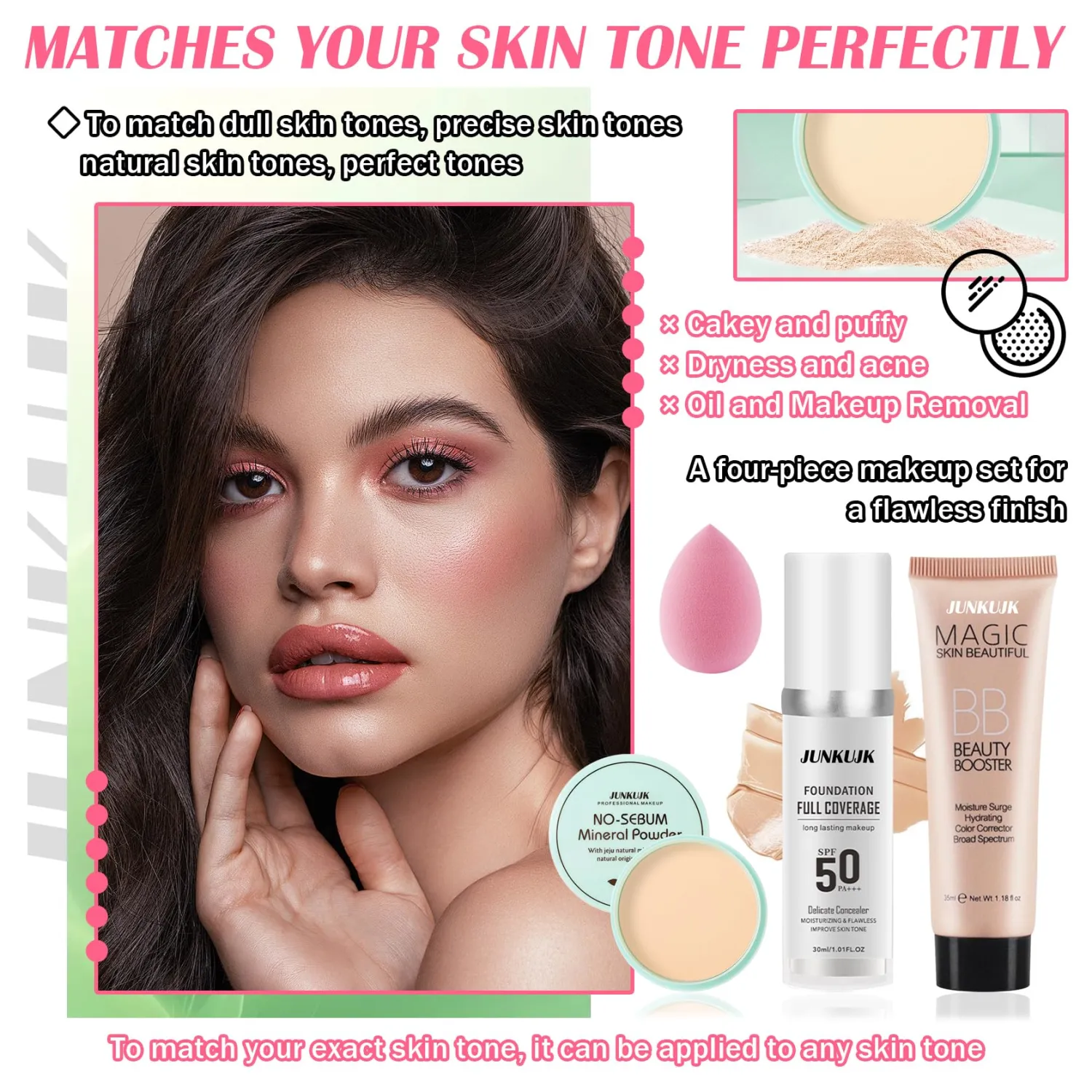 Color Changing Full Coverage Liquid Foundation Makeup Gift Set,Moisturizing BB Cream for Women,Flawless Loose Setting Powder Face Primer Base Makeup Kit With Make up Sponge