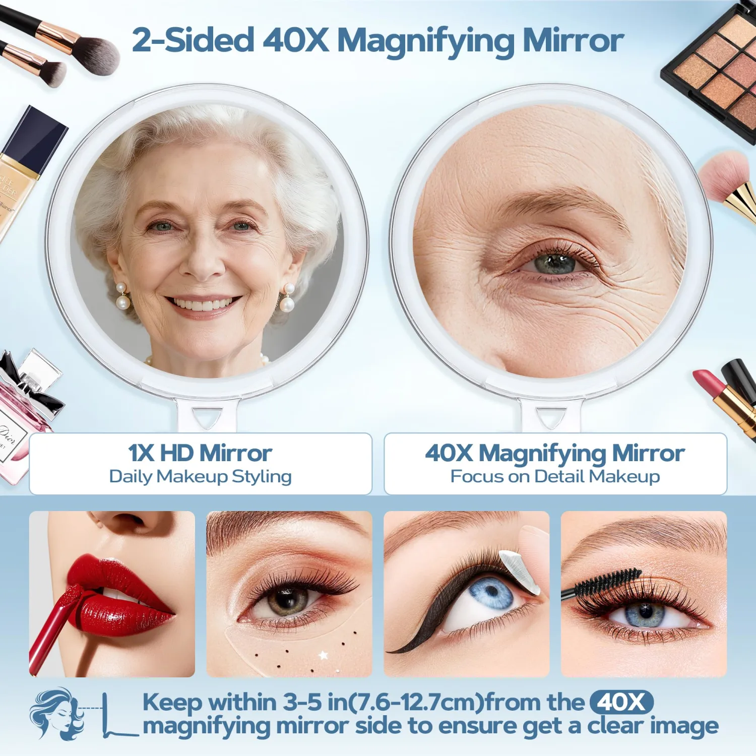 B Beauty Planet 40X Magnifying Mirror for Travel with Handle, Double-Sided 1X/40X Magnification Hand Mirror for Makeup,Travel Mirror for Desk 5 Inches