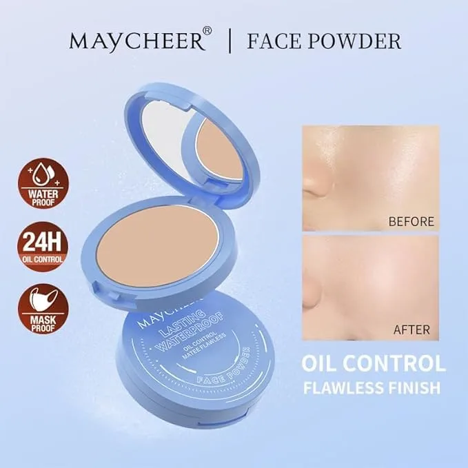 MAYCHEER 24HR Powder Foundation – Long-Lasting Wear, Flawless Before & After Finish, Lightweight Breathable Texture, Easy Blending, Natural Matte Look (NATURAL BEIGE)