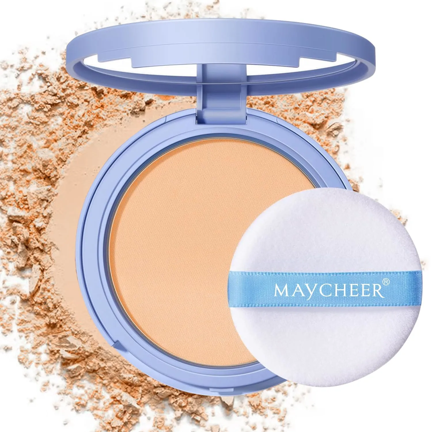 MAYCHEER 24HR Powder Foundation – Long-Lasting Wear, Flawless Before & After Finish, Lightweight Breathable Texture, Easy Blending, Natural Matte Look (NATURAL BEIGE)